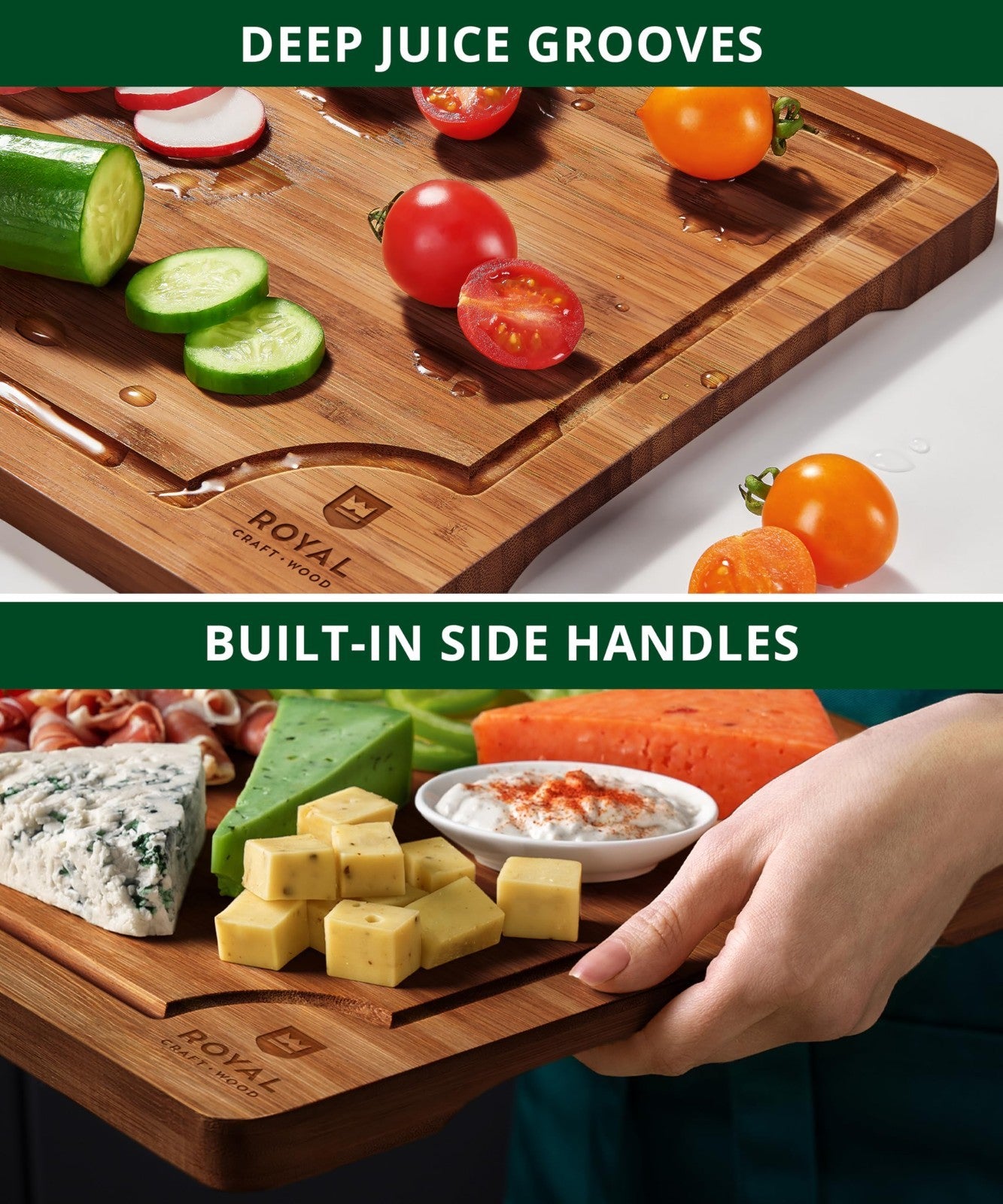 Non Toxic Bamboo Cutting Board Set   Deep Juice Groove, Side Handles, Charcuteri4
