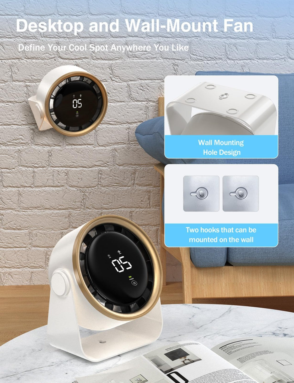 Ultra Quiet Small Desk Fan, Touch Control, Multi Speed Air Circulator, USB Recha2