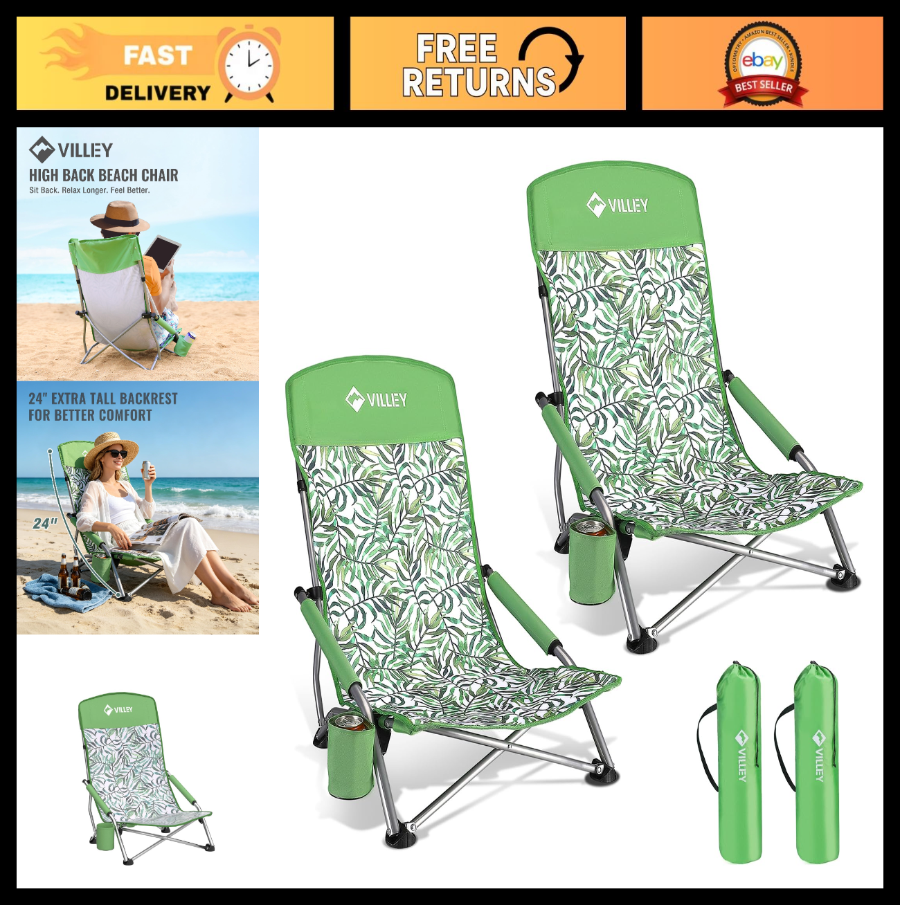Lightweight Folding Beach Chairs - 2 Pack, High Back, Portable with Cup Holder,0
