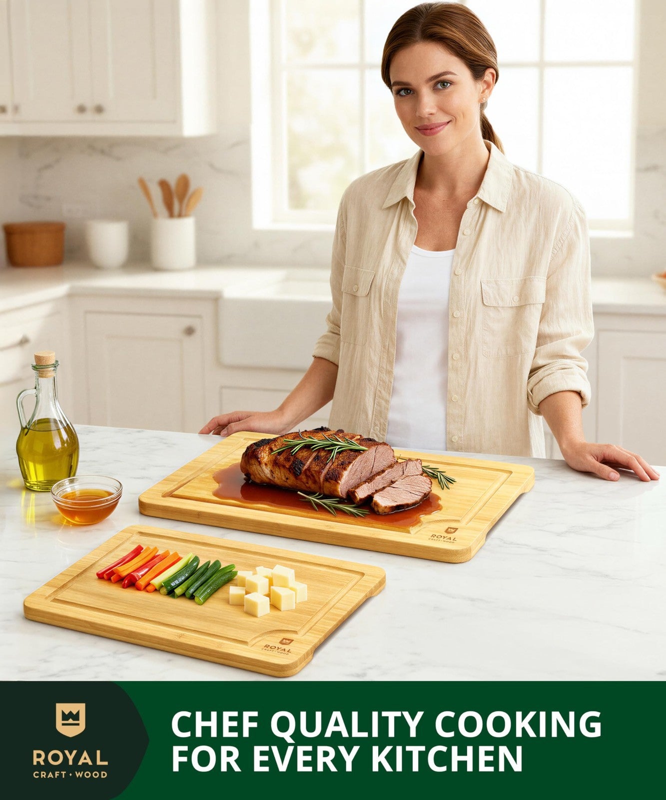 Wooden Cutting Boards Set   Bamboo Kitchen Prep & Serving Board with Juice Groov7