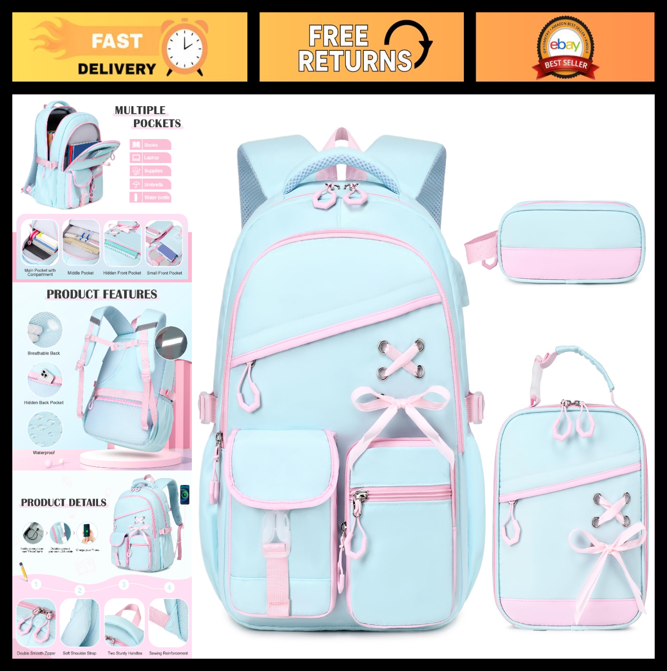 3PCS Girls School Backpack Set with Lunch Box & Pencil Pouch   Stylish & Durable0