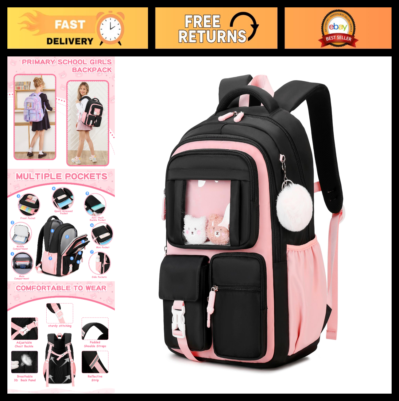 Kawaii Girls School Backpack - Cute Book Bag for Middle & Elementary Students, B0
