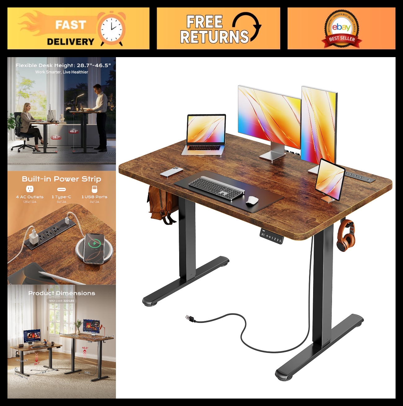 Height Adjustable Electric Standing Desk with USB-C & Power Outlets, 47x24" - Ru0
