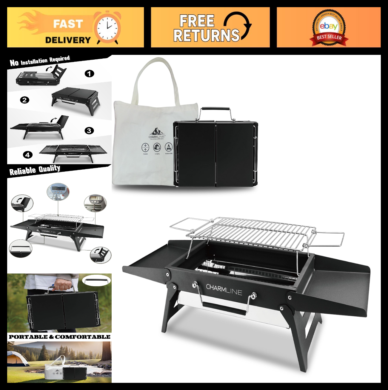 Compact 14x9" Foldable Charcoal Grill - Portable BBQ for Camping, Picnics, Beach0