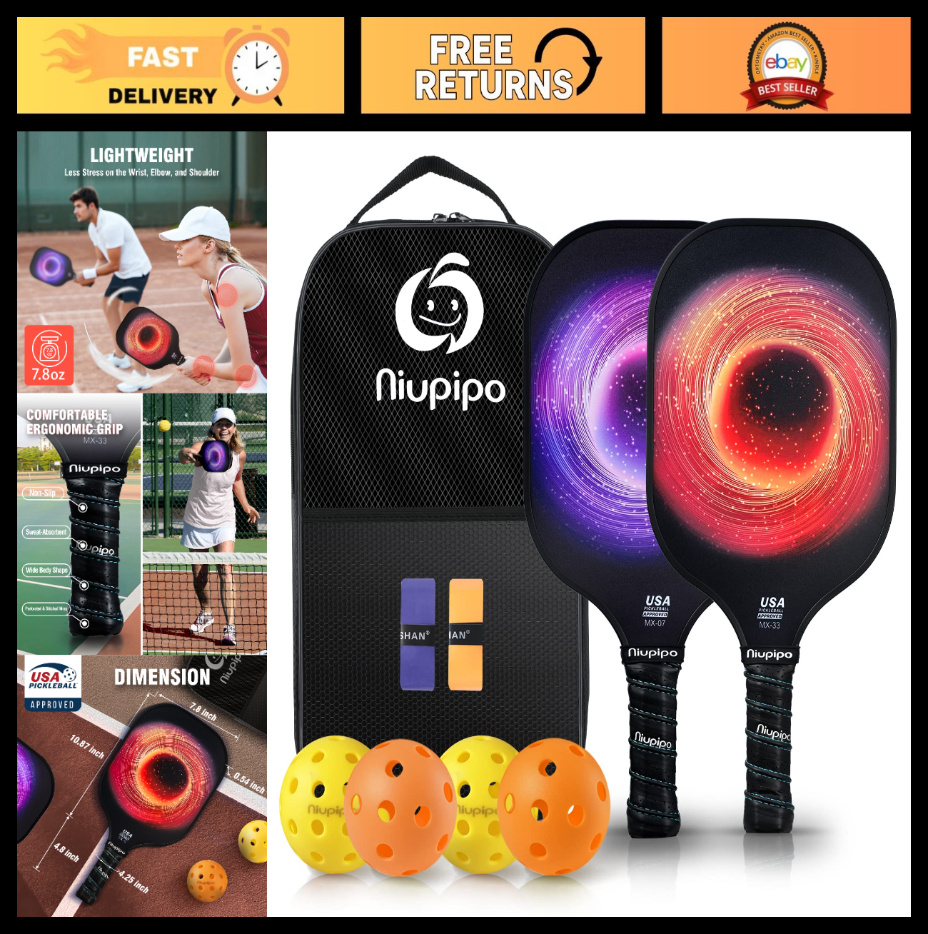 Pickleball Paddle Set of 2 or 4 - USAPA Approved, Fiberglass, Lightweight, Inclu0