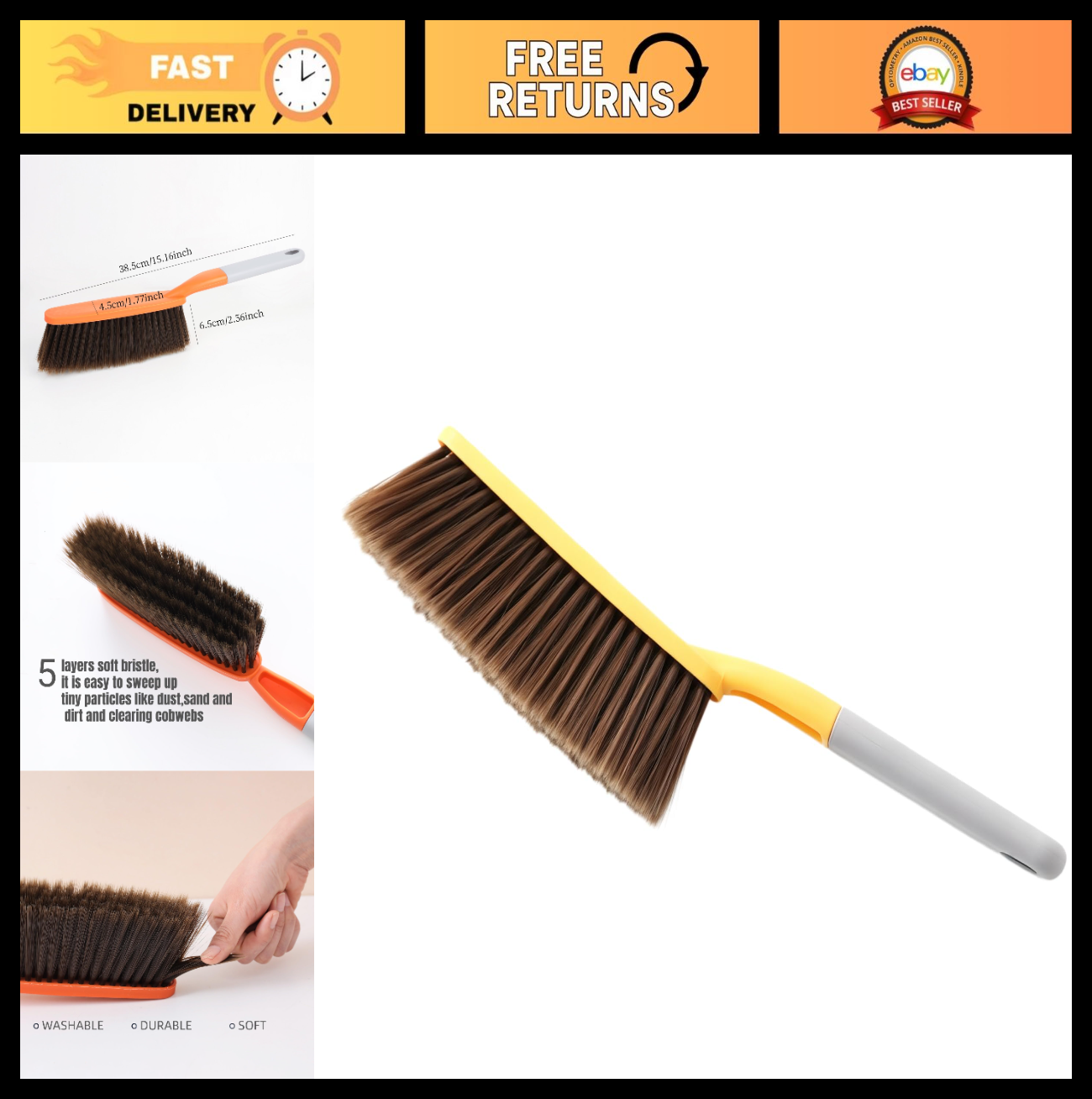 15" Yellow Soft Bristle Hand Broom Brush for Bed, Sofa, Counter & Hair Cleanup0