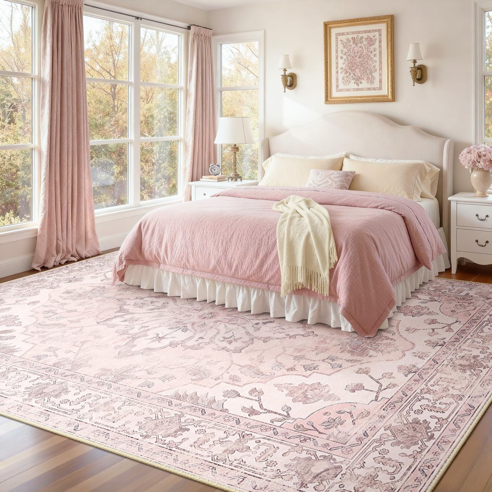 Washable 8'x10' Area Rug   Pink Vintage Floral, Non Slip, Pet Friendly, Easy Cle1