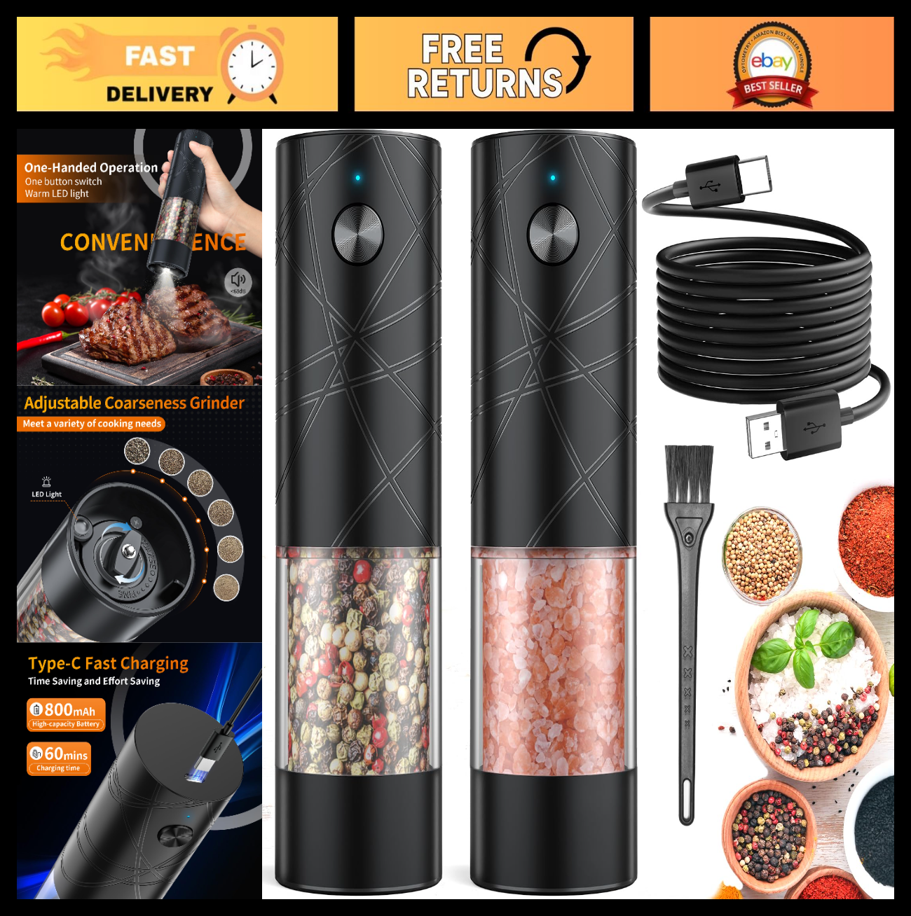 Electric Salt & Pepper Grinder Set   USB Rechargeable, LED Light, Adjustable Coa0
