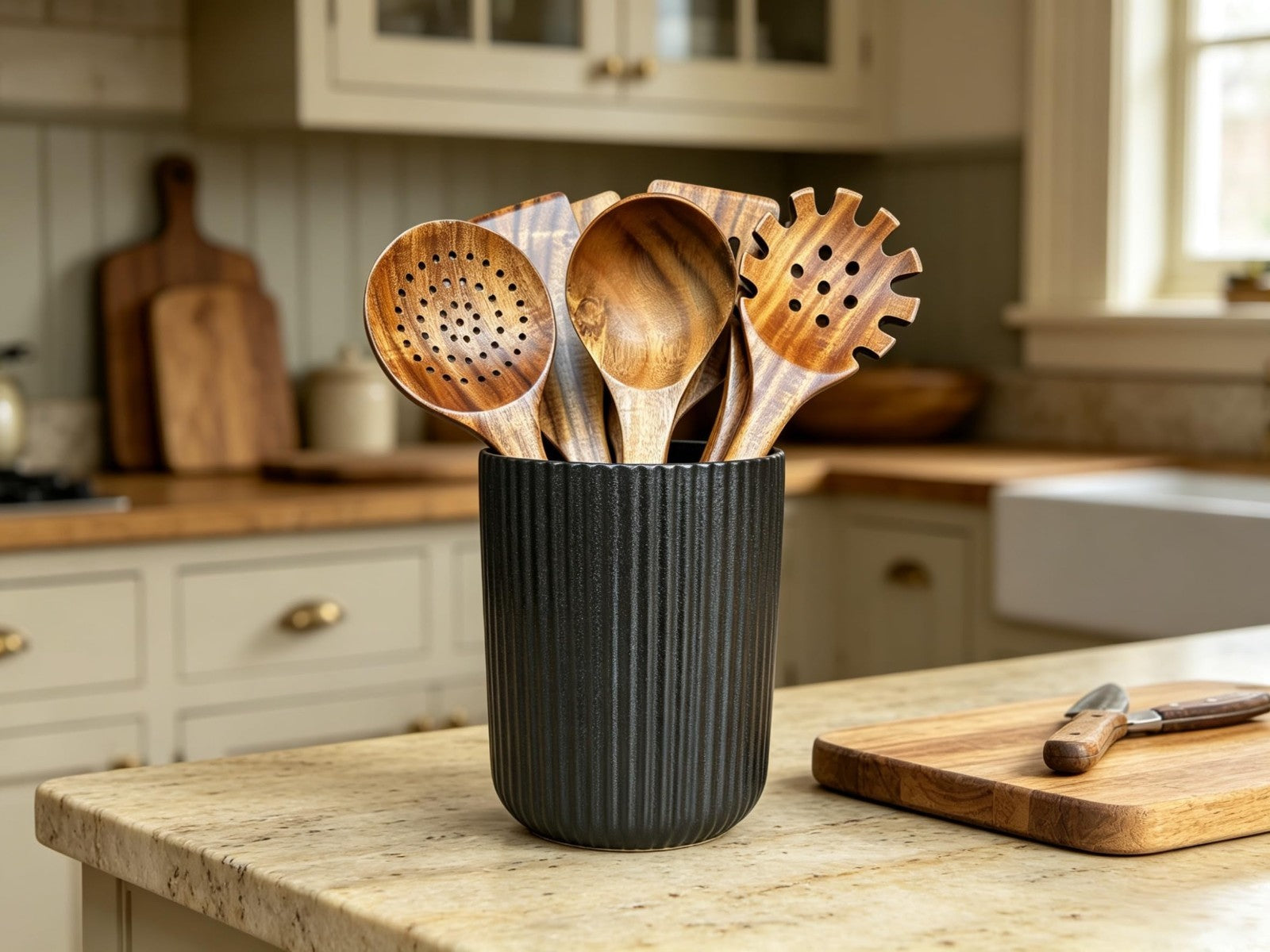 Large Stoneware Utensil Holder for Kitchen Counter - Spatula Crock, Matte Black2