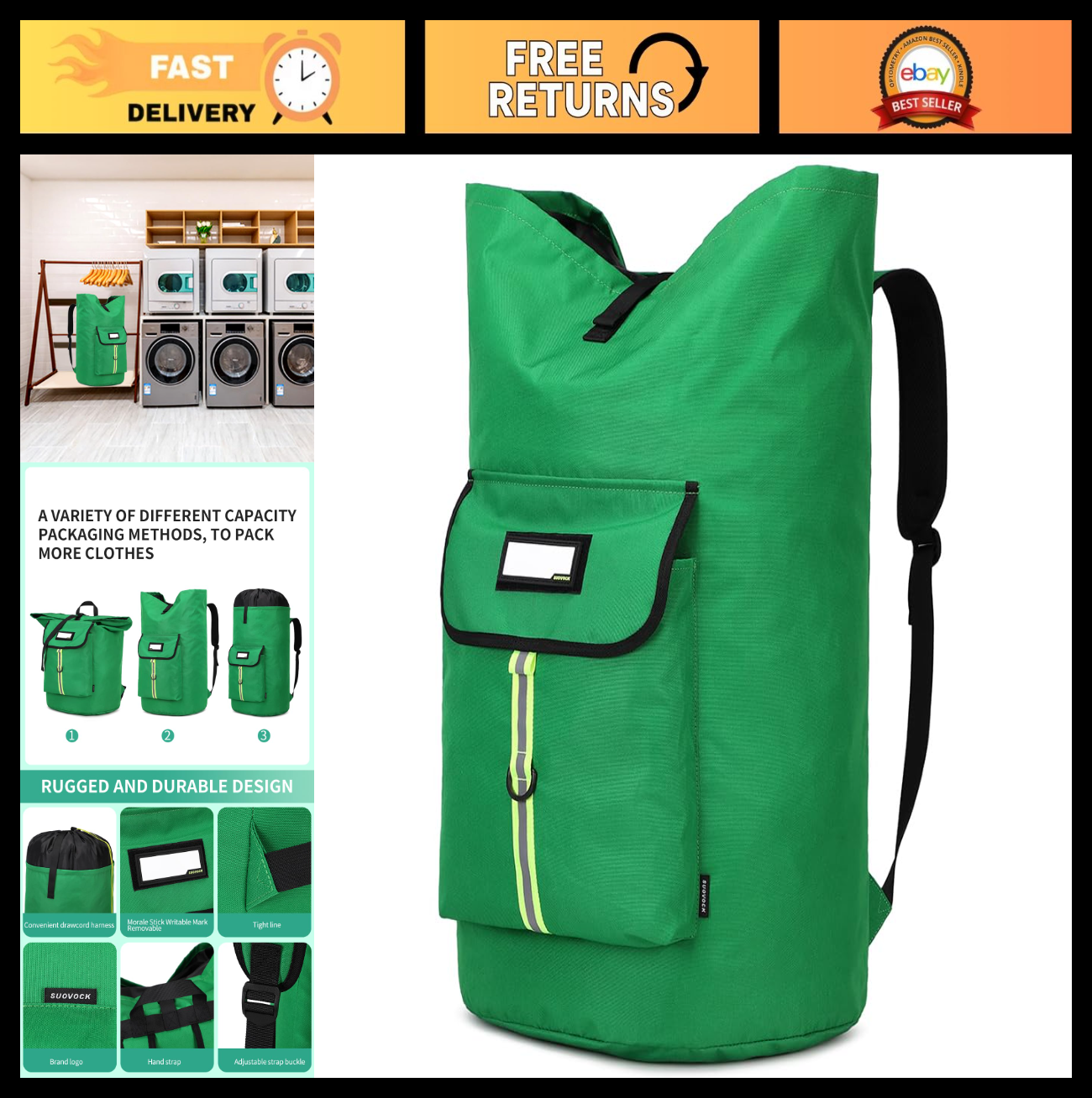 Extra-Large Heavy Duty Laundry Backpack Bag with Drawstring Closure - Grass Gree0