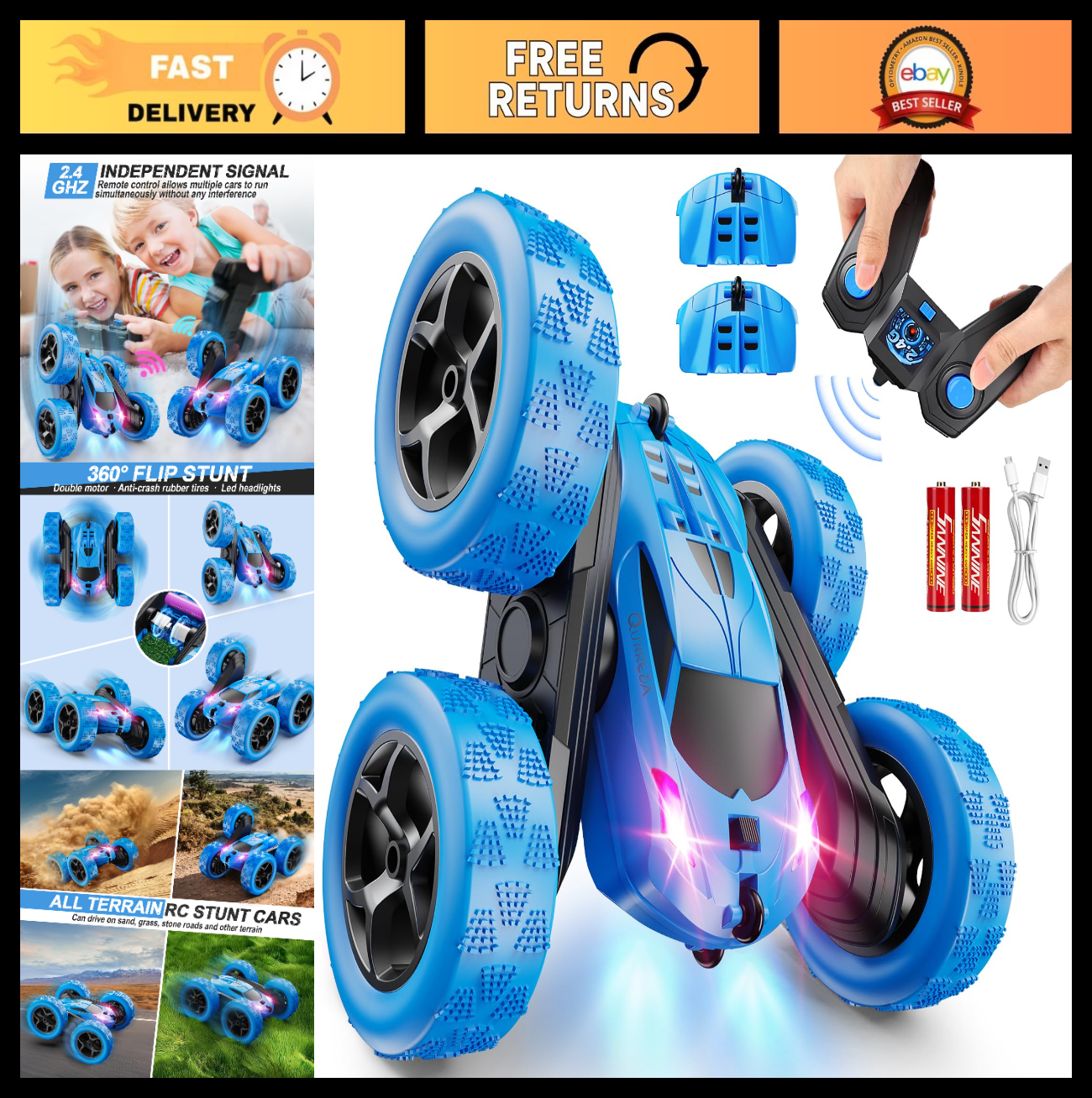 4WD Remote Control Stunt Car for Kids 6 12, LED Lights, 360° Flips, USB C Batter0