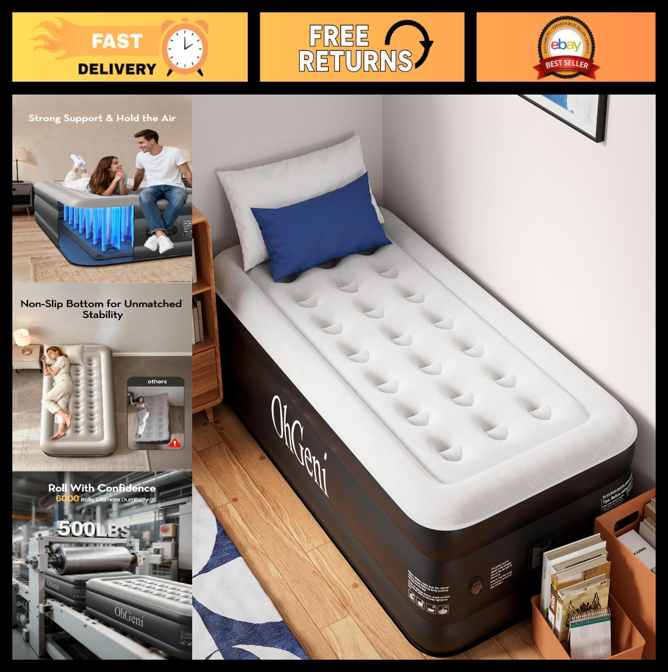 Twin Air Mattress with Built in Pump, 18" Raised Inflatable Bed, 500lb Capacity,0