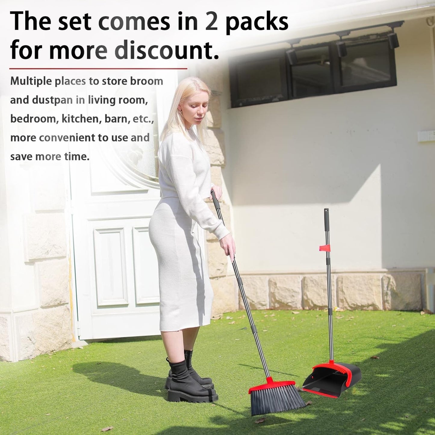 2-Pack Broom & Dustpan Set - 52" Long Handle, Self-Cleaning Teeth, Indoor/Outdoo5