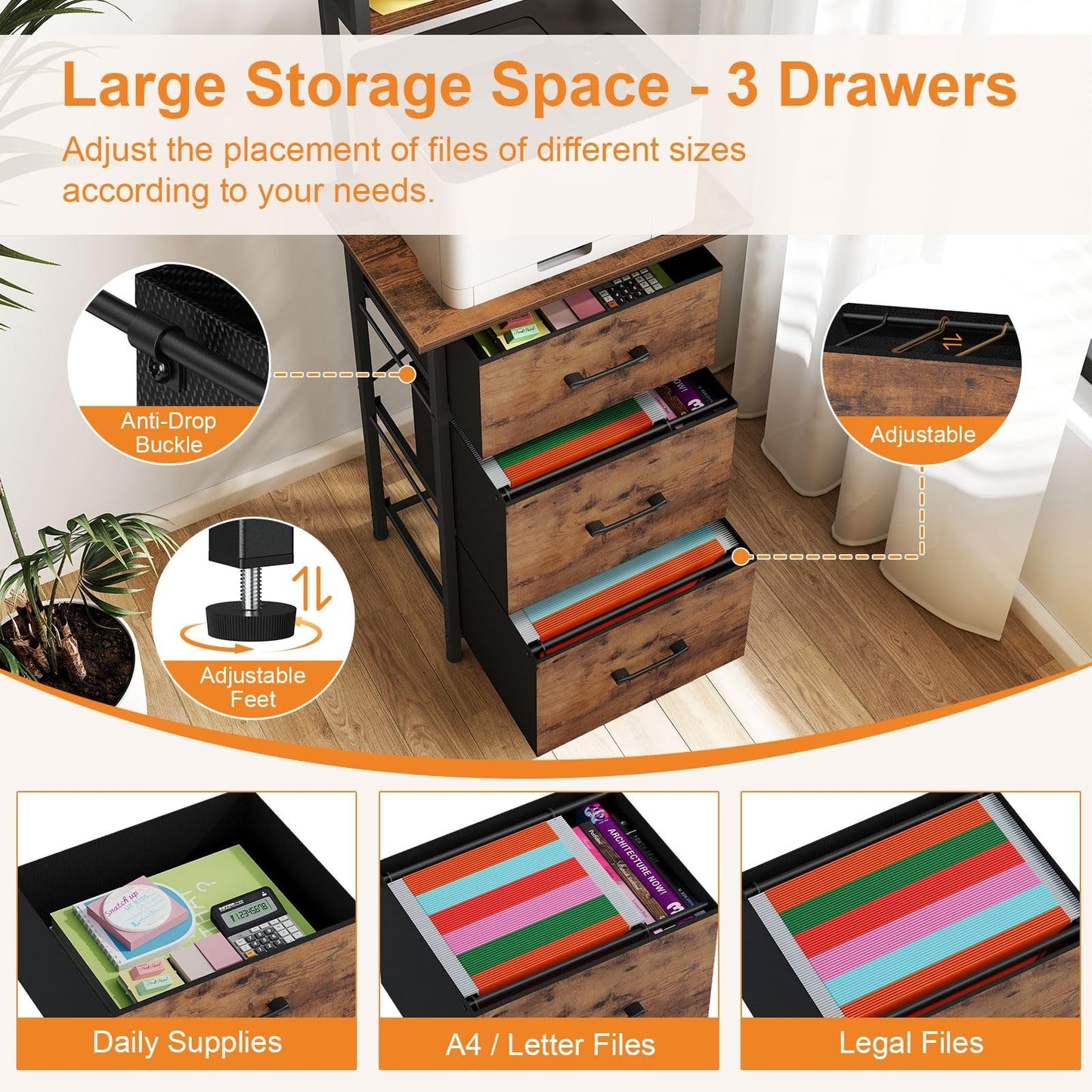 3 Drawer Tall File Cabinet with Extended Desktop, Vertical Filing Storage, Rusti6