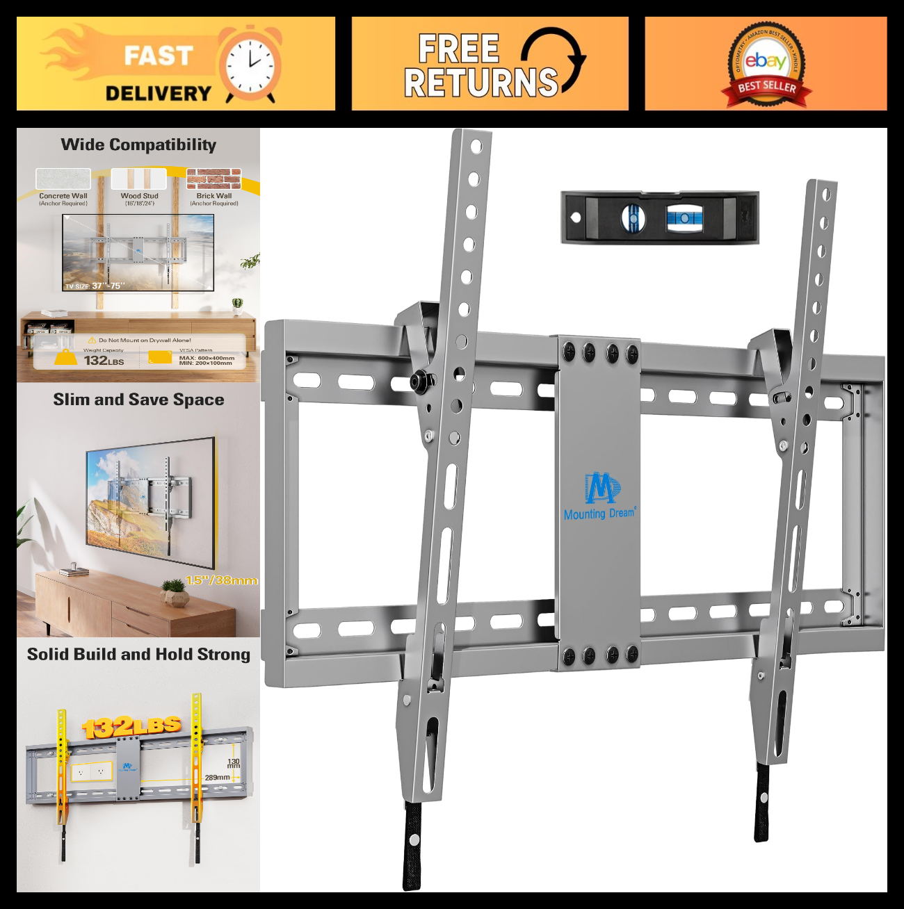 Universal Tilt TV Wall Mount for 37 75" TVs, Low Profile, Max VESA 600x400mm, 130