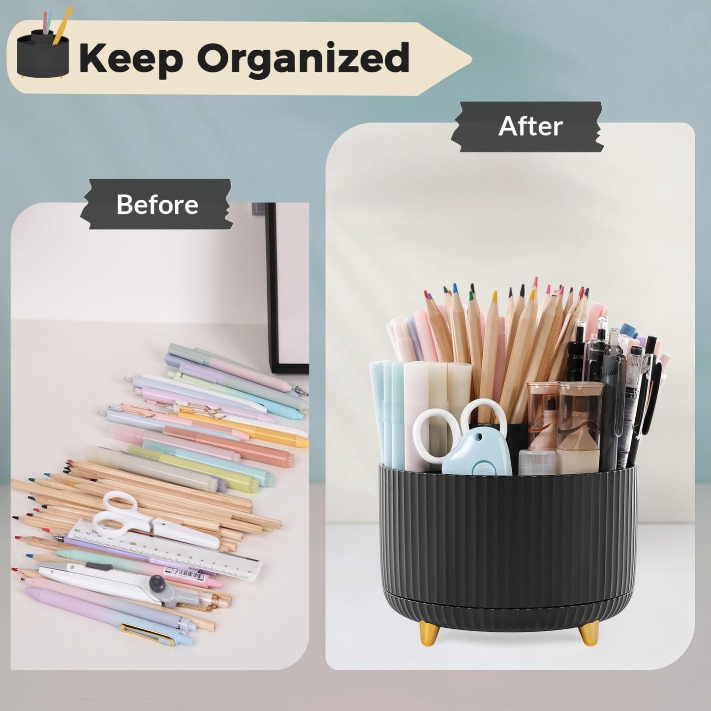 2 Pack 360° Rotating Pen Holder, Desk Organizer with 5 Slots, Office & School Su6