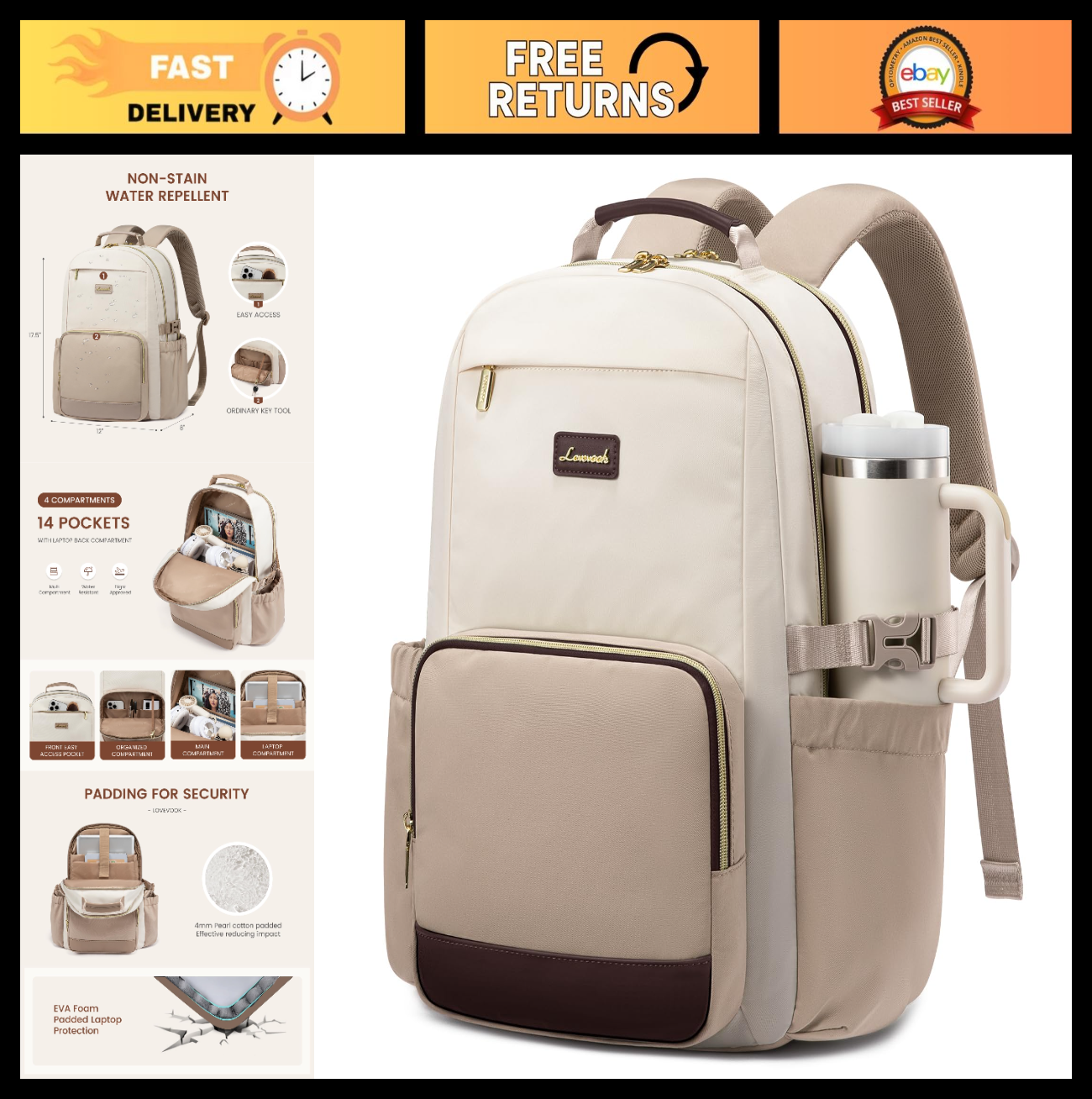 Stylish Waterproof Laptop Backpack for Women, 15.6" Travel Bag with Pouch, Large0