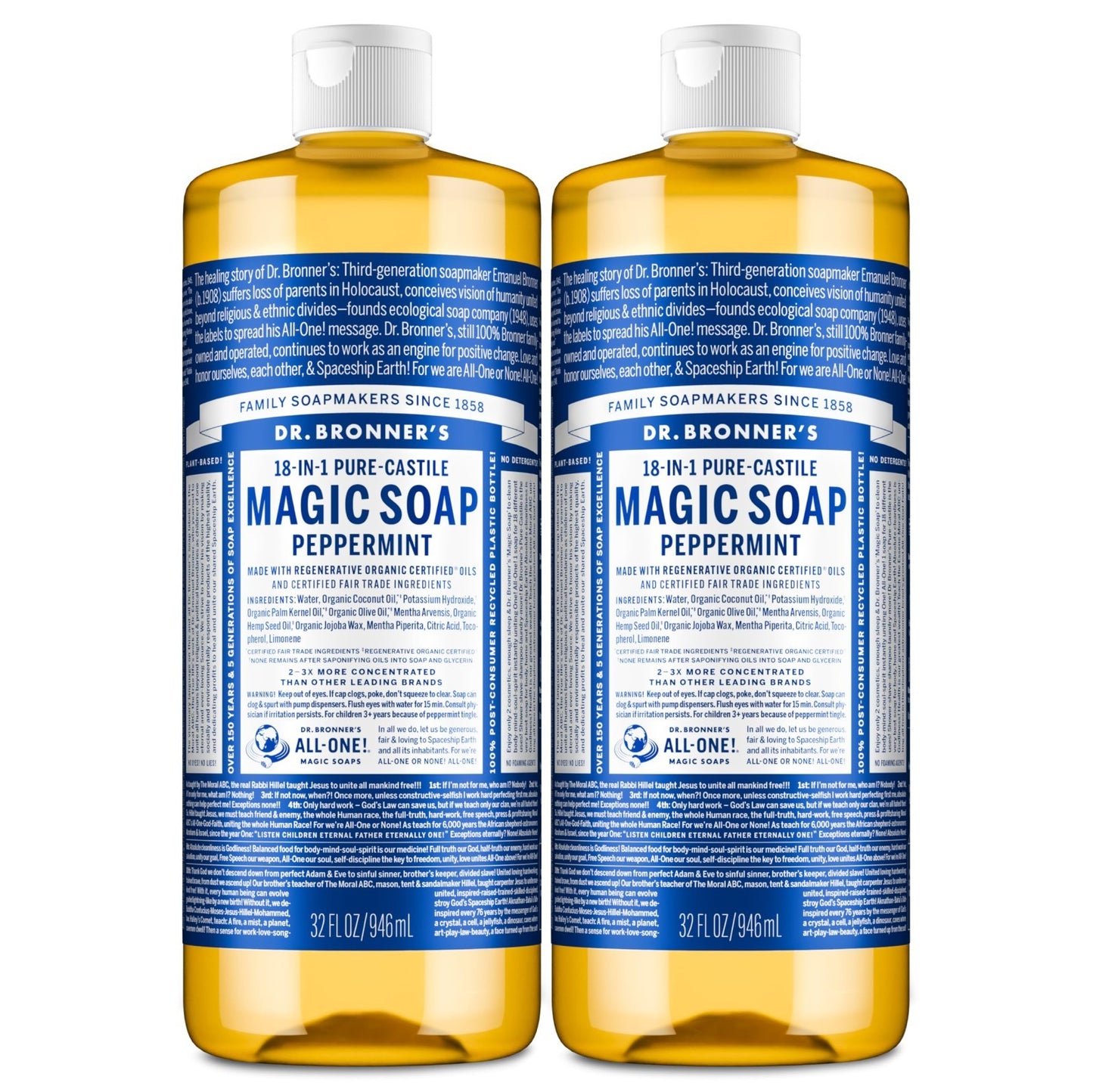 Peppermint Pure-Castile Liquid Soap 32oz 2-Pack | 18-in-1 Multi-Use Hand & Body1