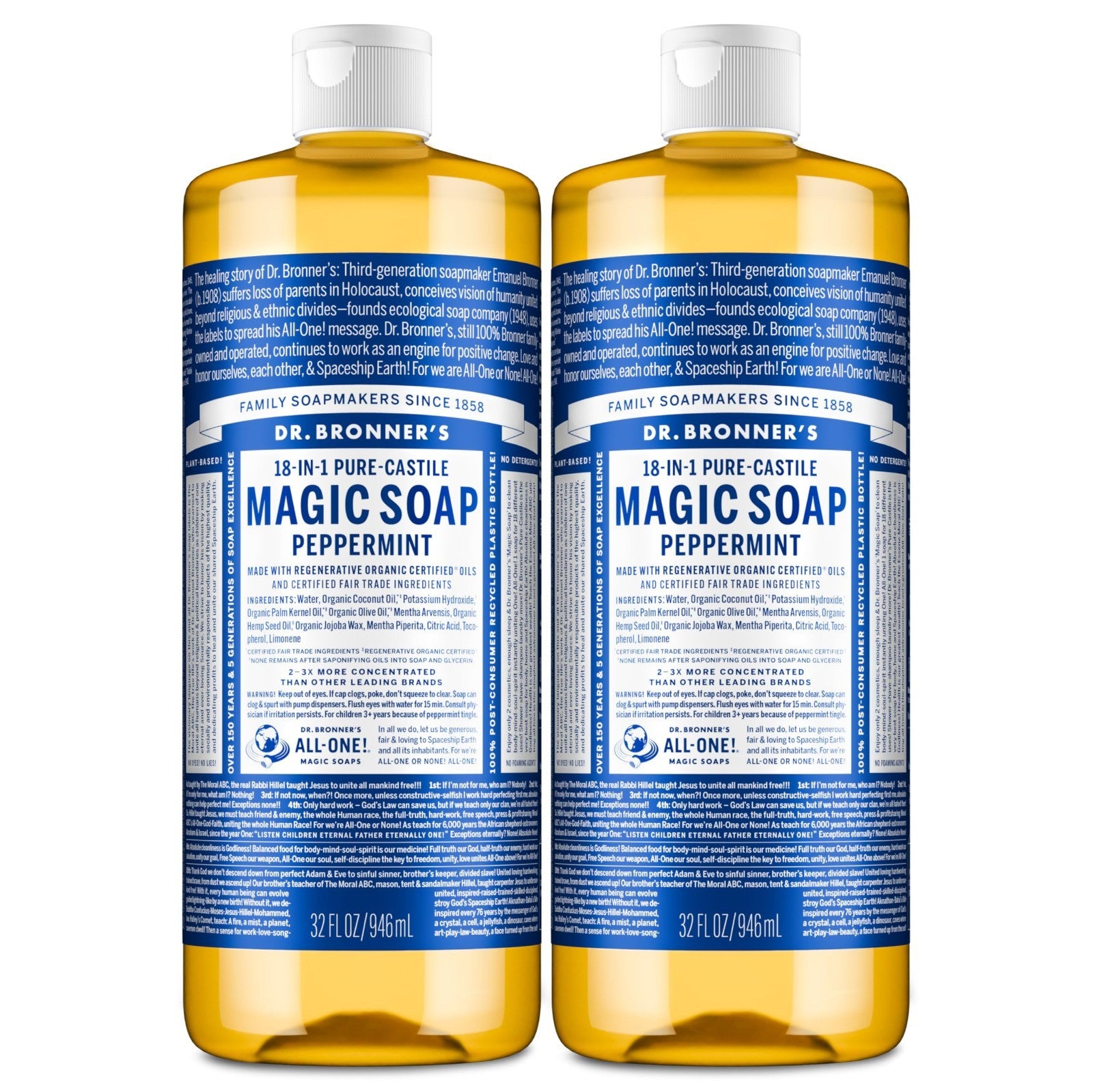 Peppermint Pure-Castile Liquid Soap 32oz 2-Pack | 18-in-1 Multi-Use Hand & Body1