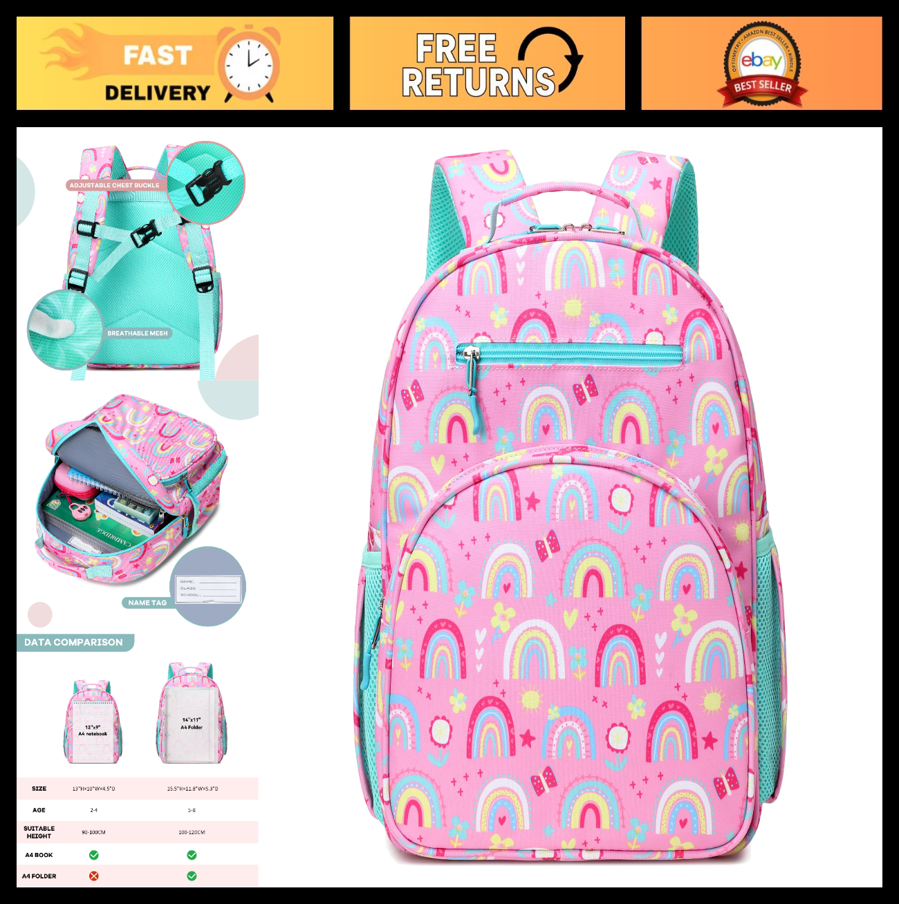 Cute Lightweight Kids Backpack for Girls   Rainbow Pink, Kindergarten & Elementa0