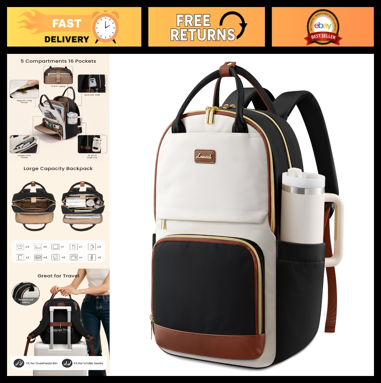 Stylish Waterproof Laptop Backpack for Women, 15.6" Travel Bag with Tumbler Hold0