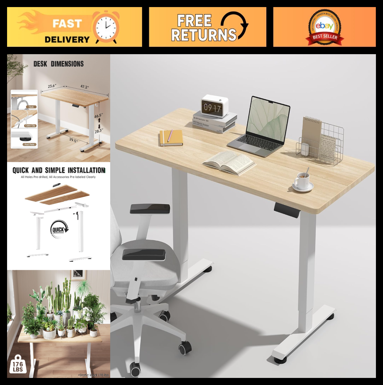 Height Adjustable Electric Standing Desk - 47.2" Sit Stand Wood Desktop for Home0