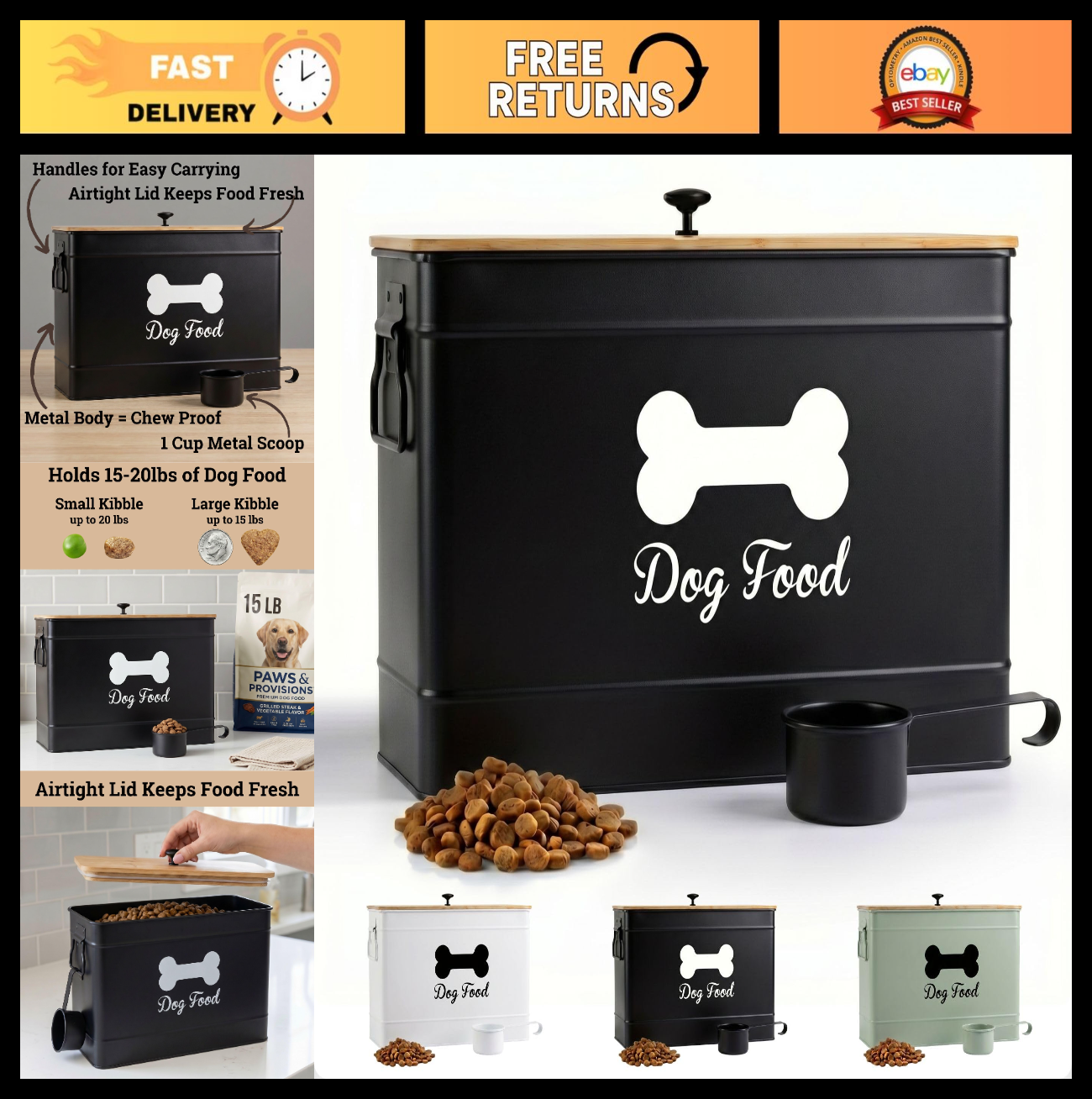 Airtight Metal Dog Food Storage Container, 15 20 lbs, 70 Cup Capacity, Bamboo Li0