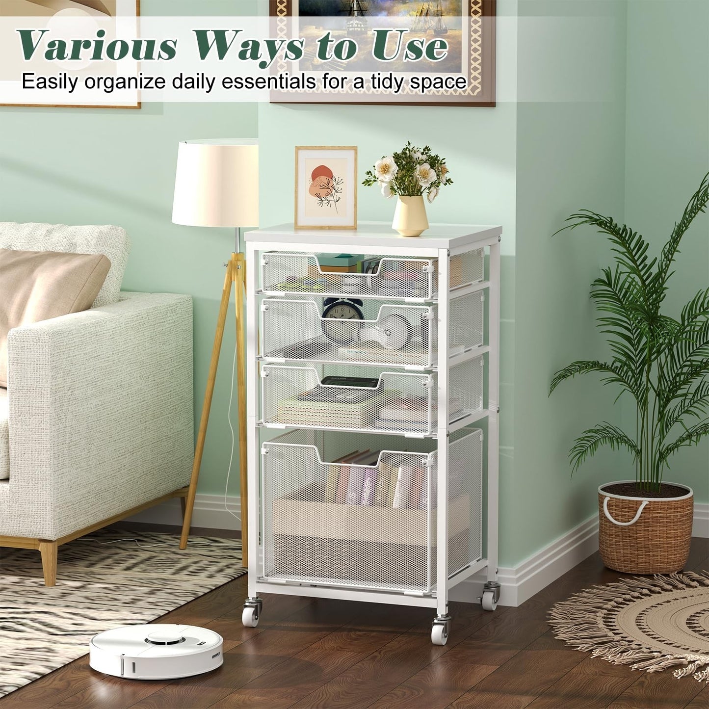 4 Drawer Mobile File Cart with Wheels, Under Desk Storage, Multifunctional Organ2