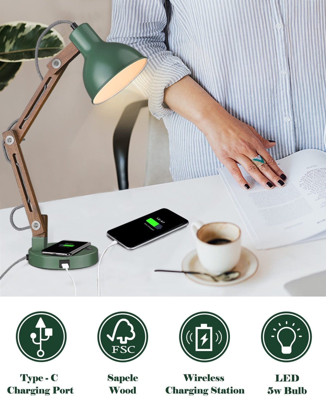 LED Desk Lamp with Wireless Charger & USB C Port, Swing Arm Reading Light for Ho2