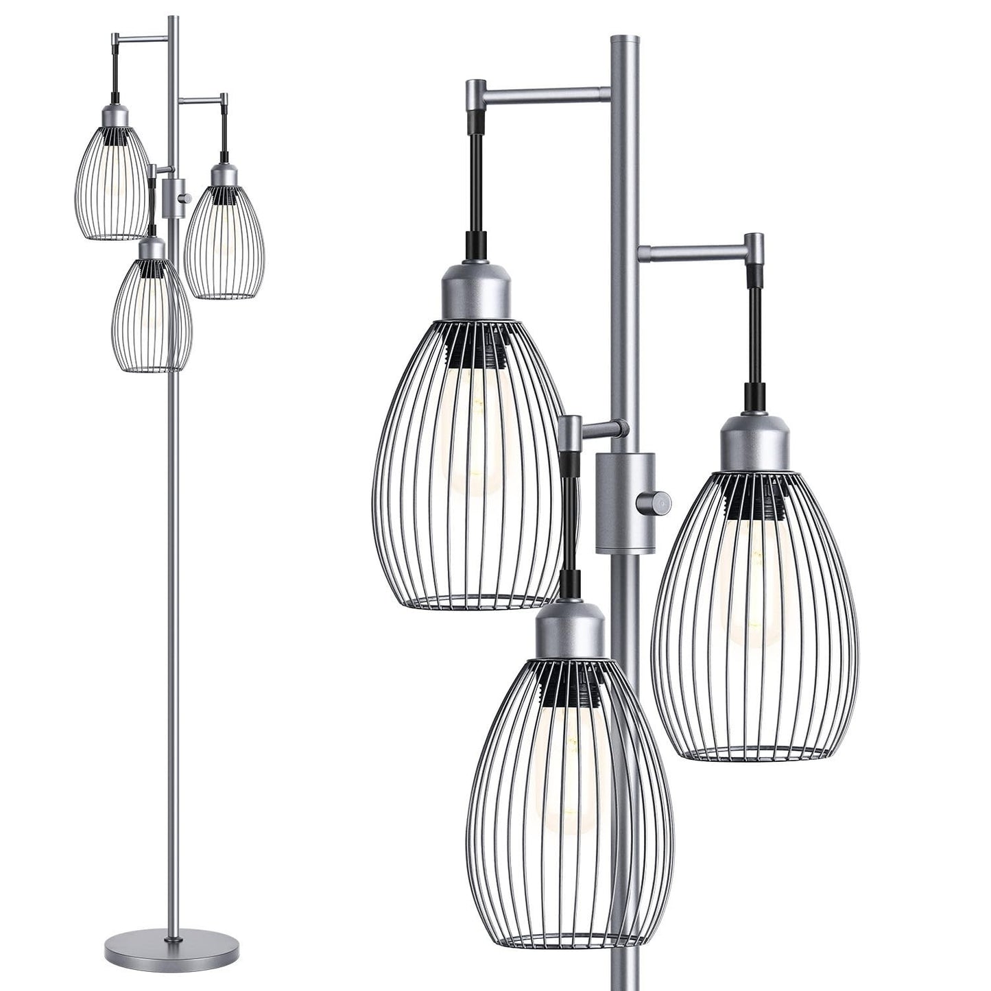 Dimmable Industrial Floor Lamp with 3 LED Edison Bulbs, Elegant Teardrop Design,1