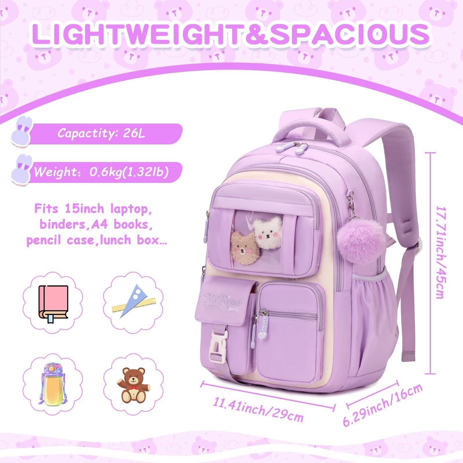 Kawaii Girls Backpack - Cute School Bag for Middle & Elementary Students, Purple2