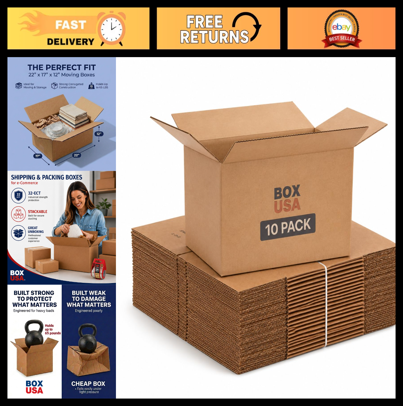 Large Corrugated Moving Boxes 10 Pack   22"x17"x12"   Heavy Duty Shipping & Stor0