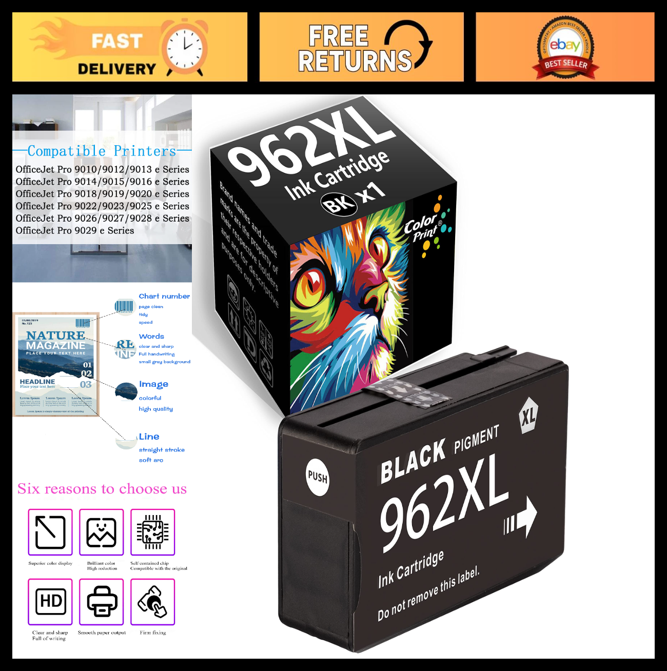High-Yield Black Ink Cartridge Replacement for OfficeJet Pro 9010 Series - 962XL0