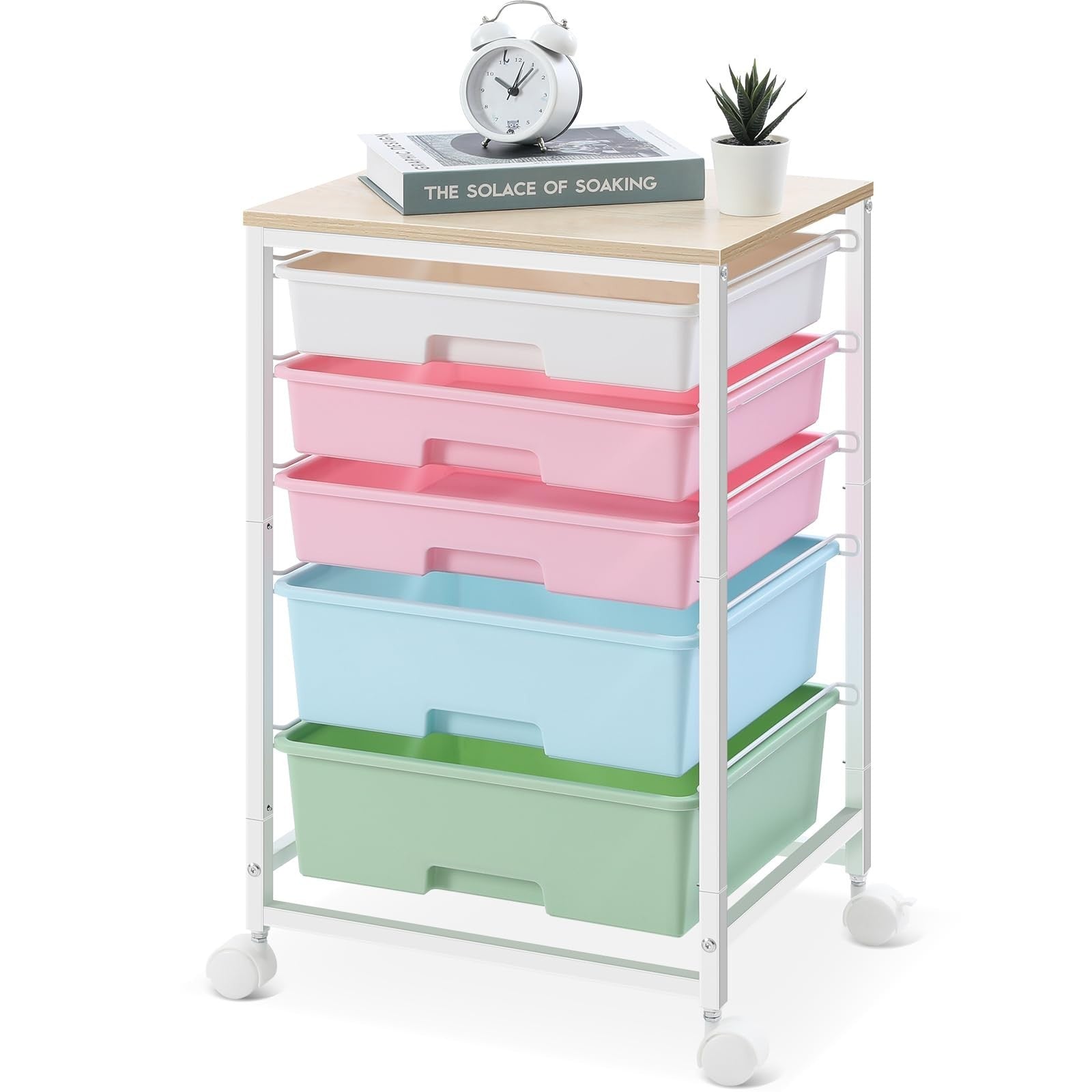 5 Drawer Utility Cart with Wooden Top, Rolling Storage Trolley with Lockable Whe0