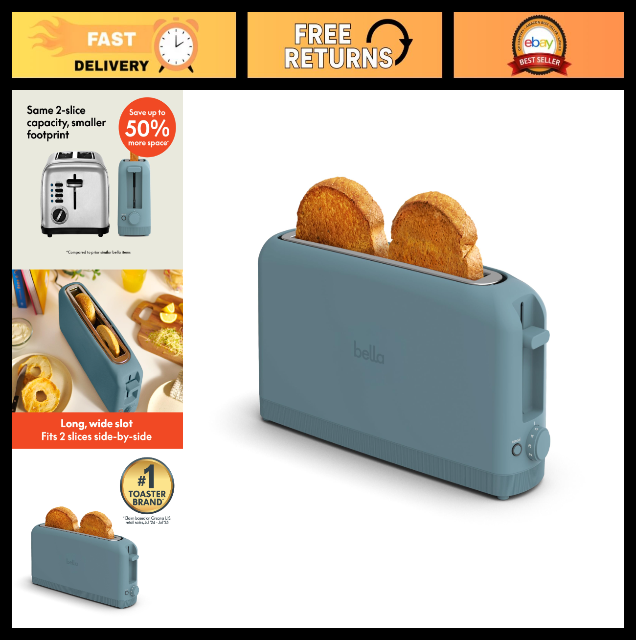 2 Slice Slim Toaster with Long Slot & Extra Wide Design   Compact Kitchen Applia0