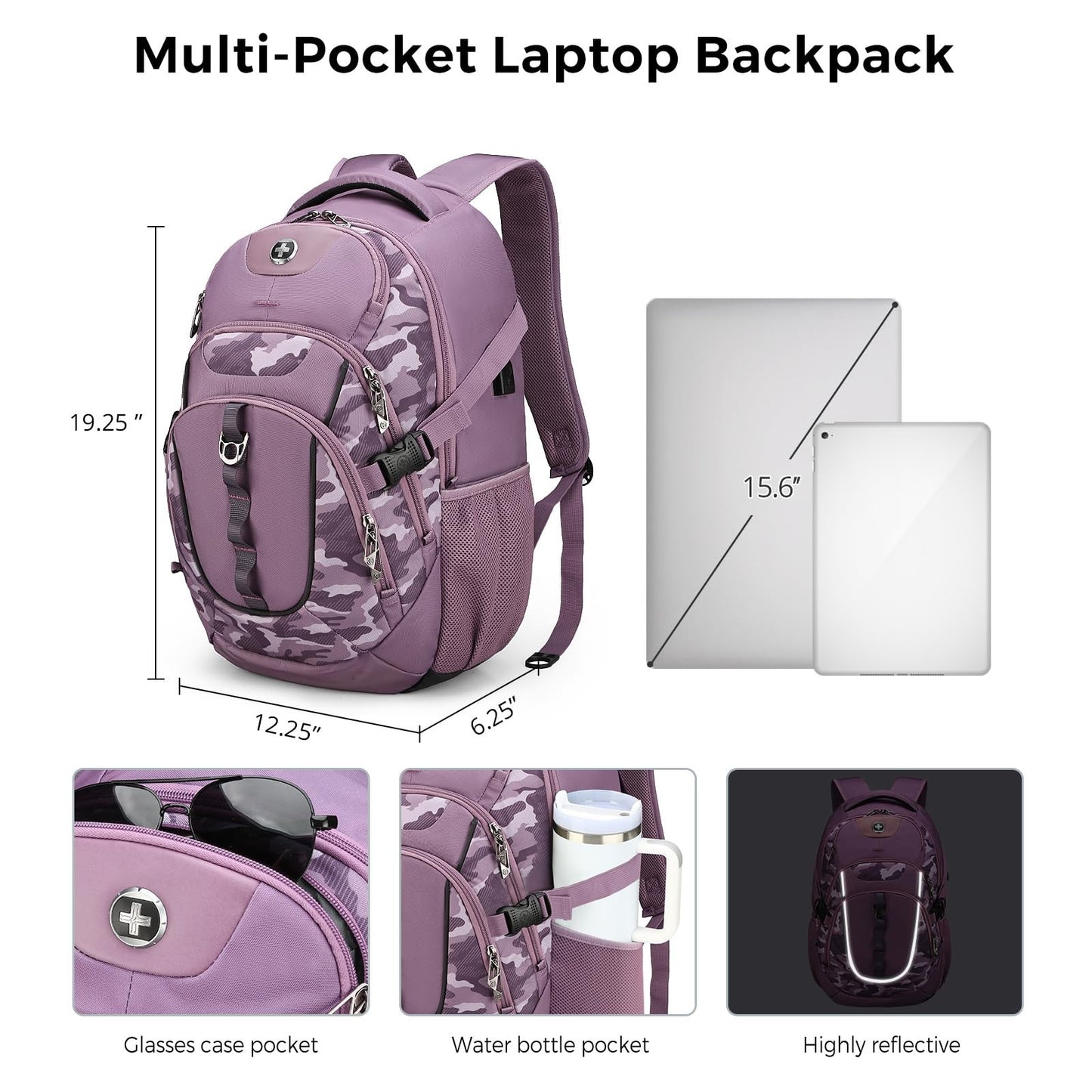 Stylish Pink Camo Laptop Backpack with USB Charging, Fits 15.6" Computer, 31L Tr4