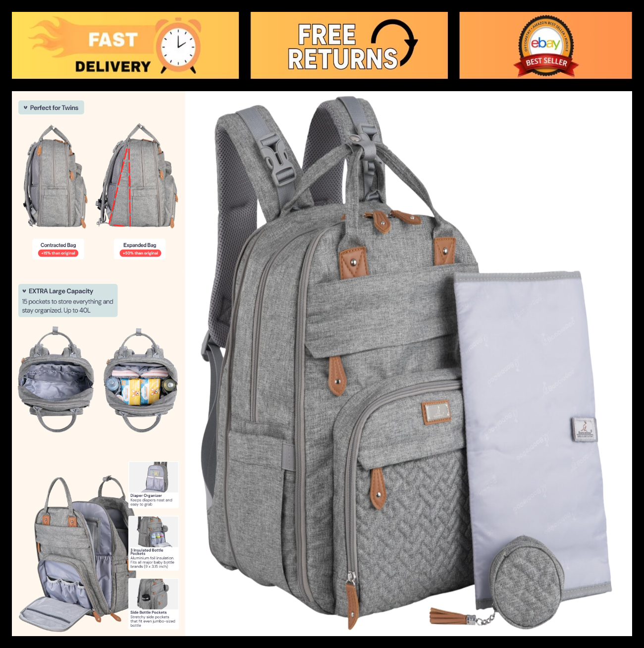 Extra Large Diaper Bag Backpack   Expandable Baby Tote with Changing Pad, Stroll0