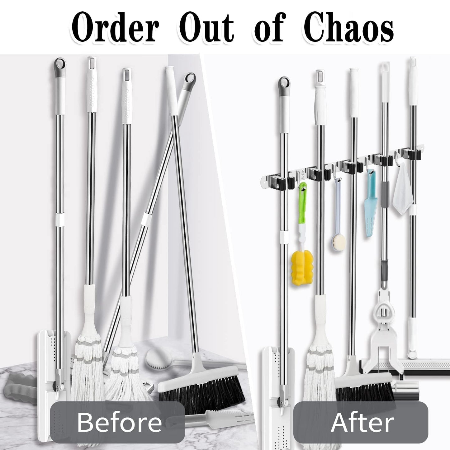 Heavy Duty Wall Mount Broom Holder - 5 Racks & 4 Hooks Mop Organizer Storage5