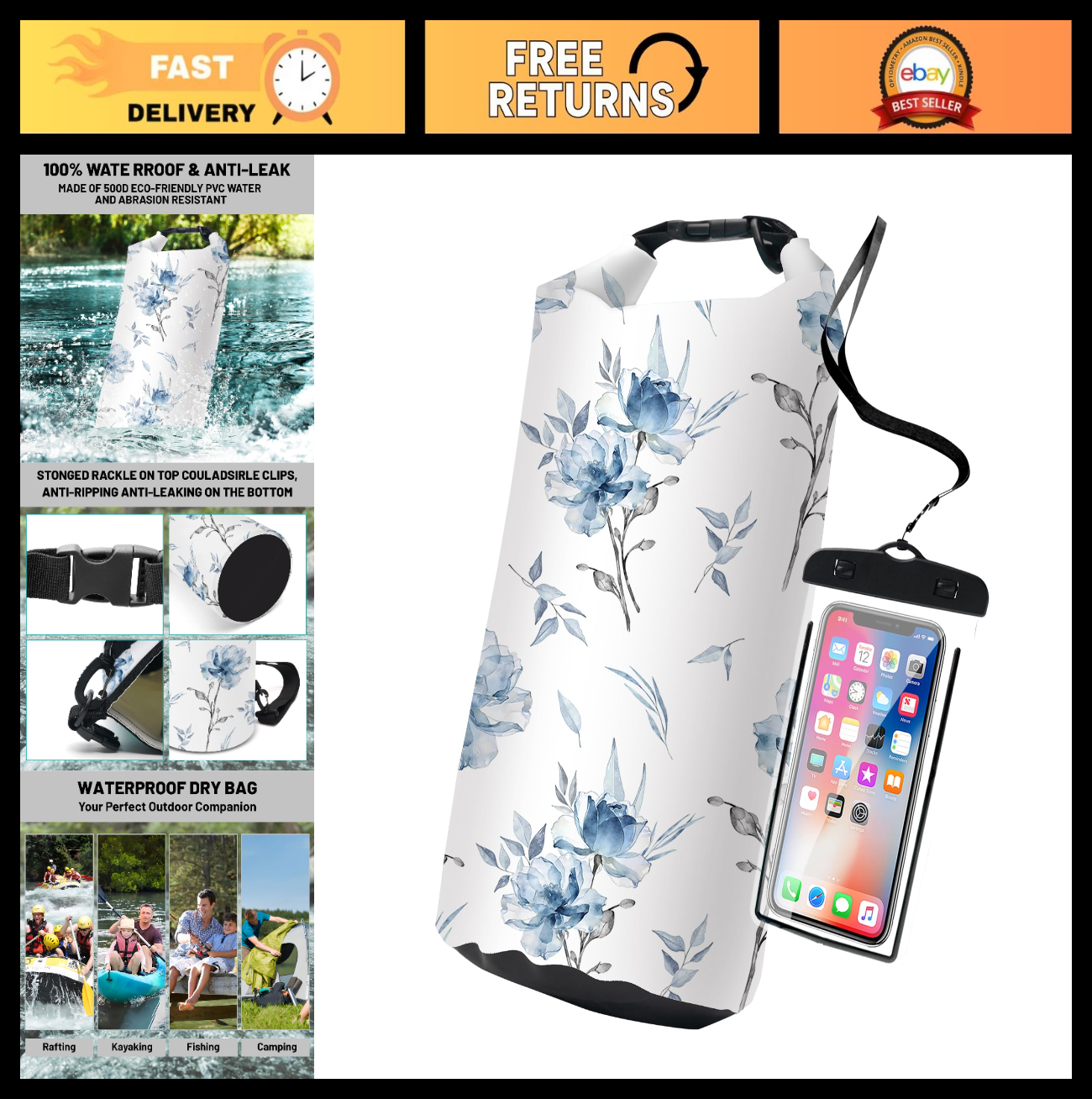 Waterproof Dry Bag - Blue Flower Design, Lightweight Floating Backpack for Kayak0