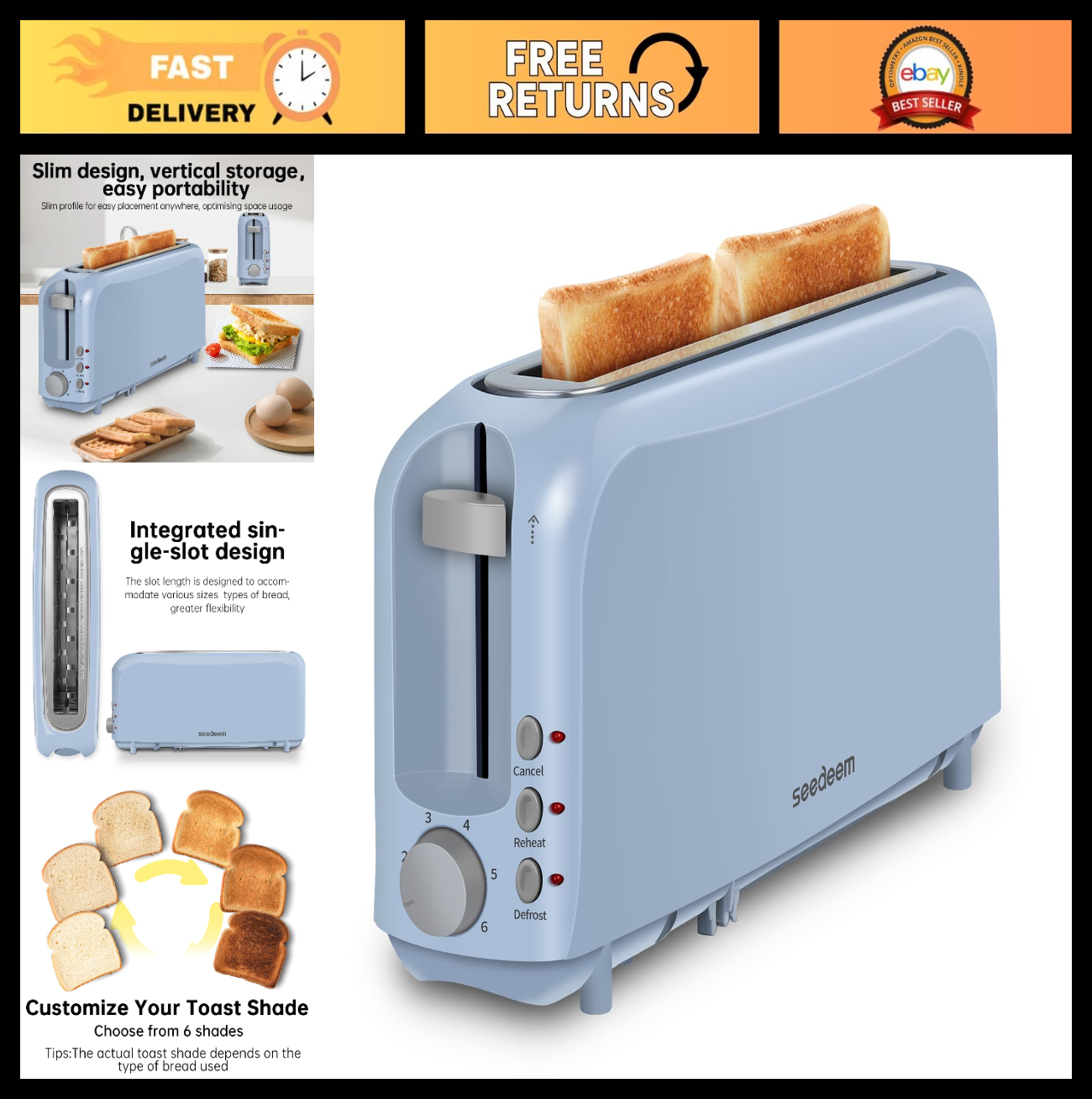2-Slice Slim Toaster with Long Slot for Bagels & Artisan Bread, 6 Shade Settings0