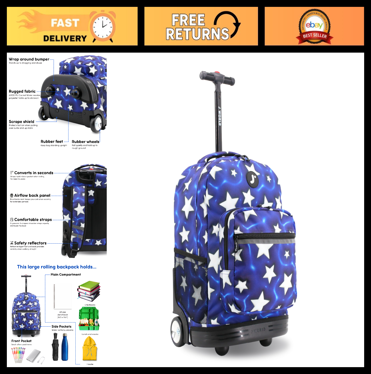 Kids Rolling Backpack with Wheels, 18" Bookbag for School, Puffy Star Design, Un0