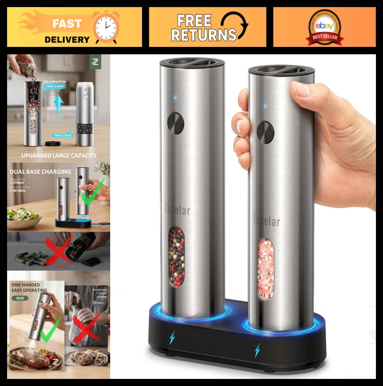 Rechargeable Electric Salt & Pepper Grinder Set   USB C, Adjustable Coarseness,0