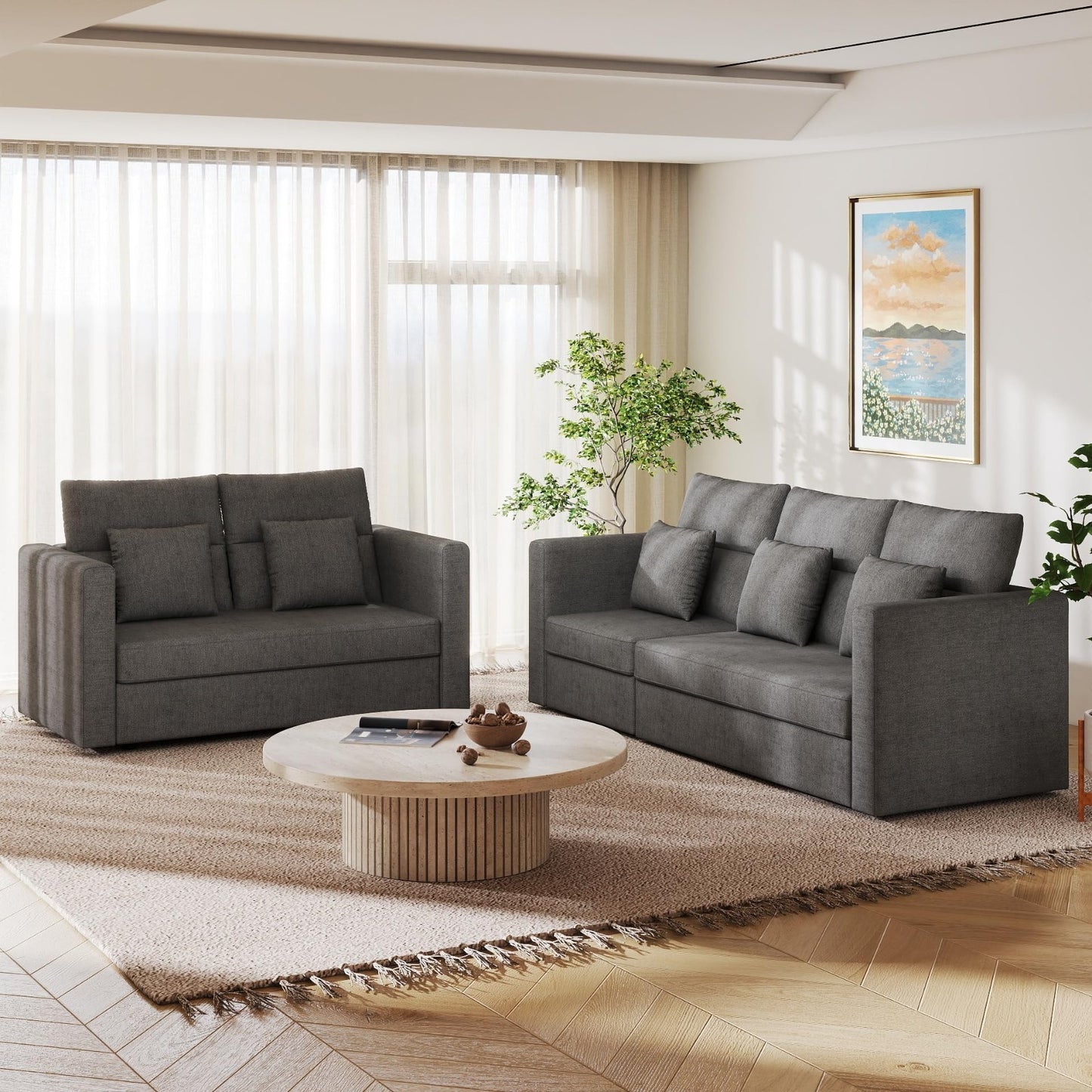 Modern Grey 2-Piece Sofa Set - Comfy 6-Seat Couch & Loveseat for Living Room6