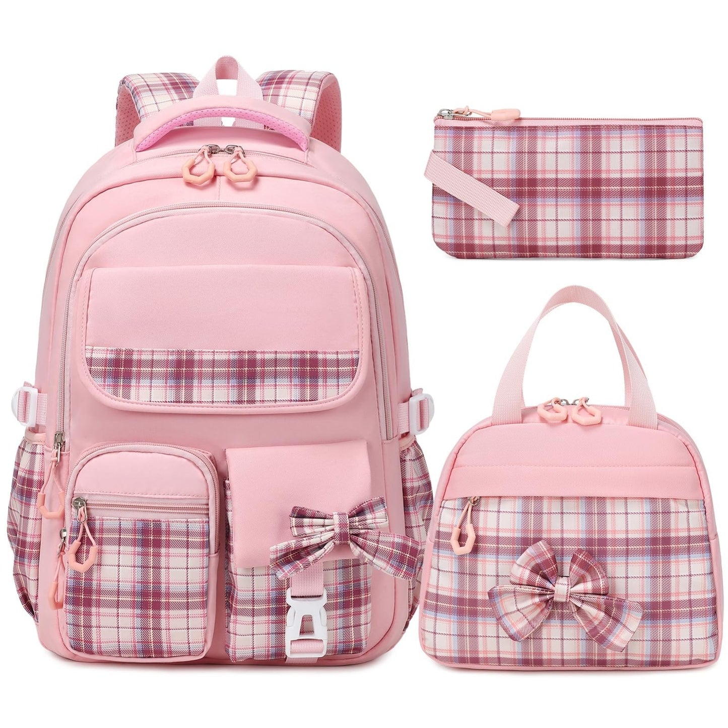 Stylish 3PCS School Backpack Set for Girls, 17" Bow Plaid Bookbag, Durable & Tre1