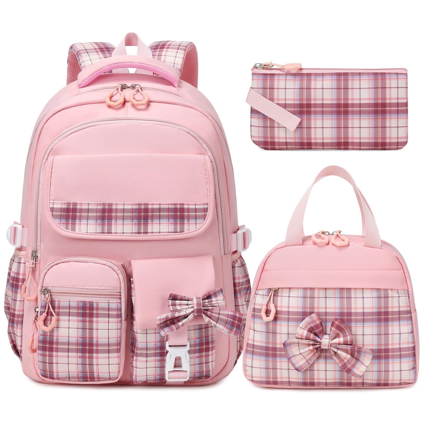 Stylish 3PCS School Backpack Set for Girls, 17" Bow Plaid Bookbag, Durable & Tre1