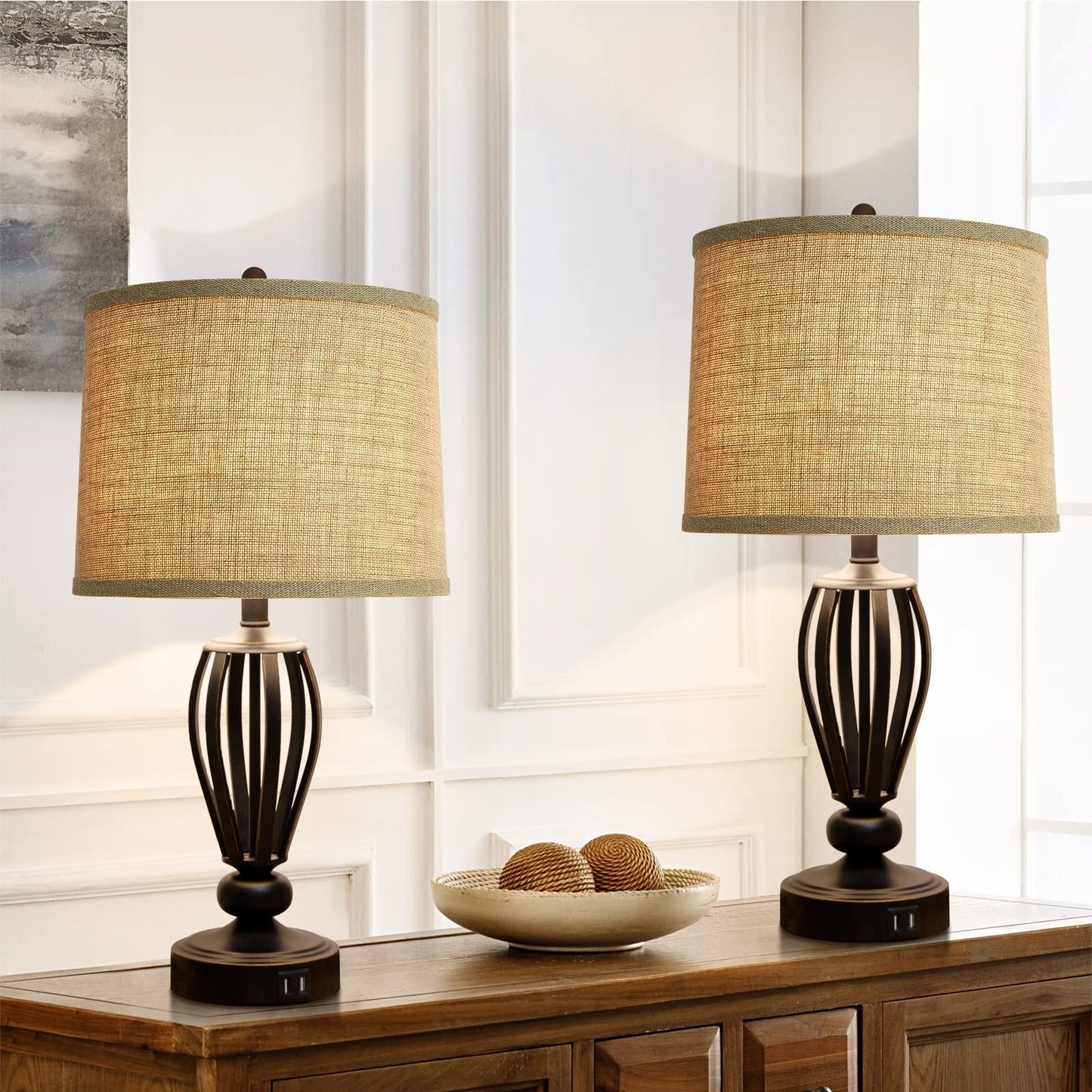 Set of 2 Burlap Drum Lampshades 11.6" x 12.6" x 9.8" - Brown Spider Fitter, Hand5