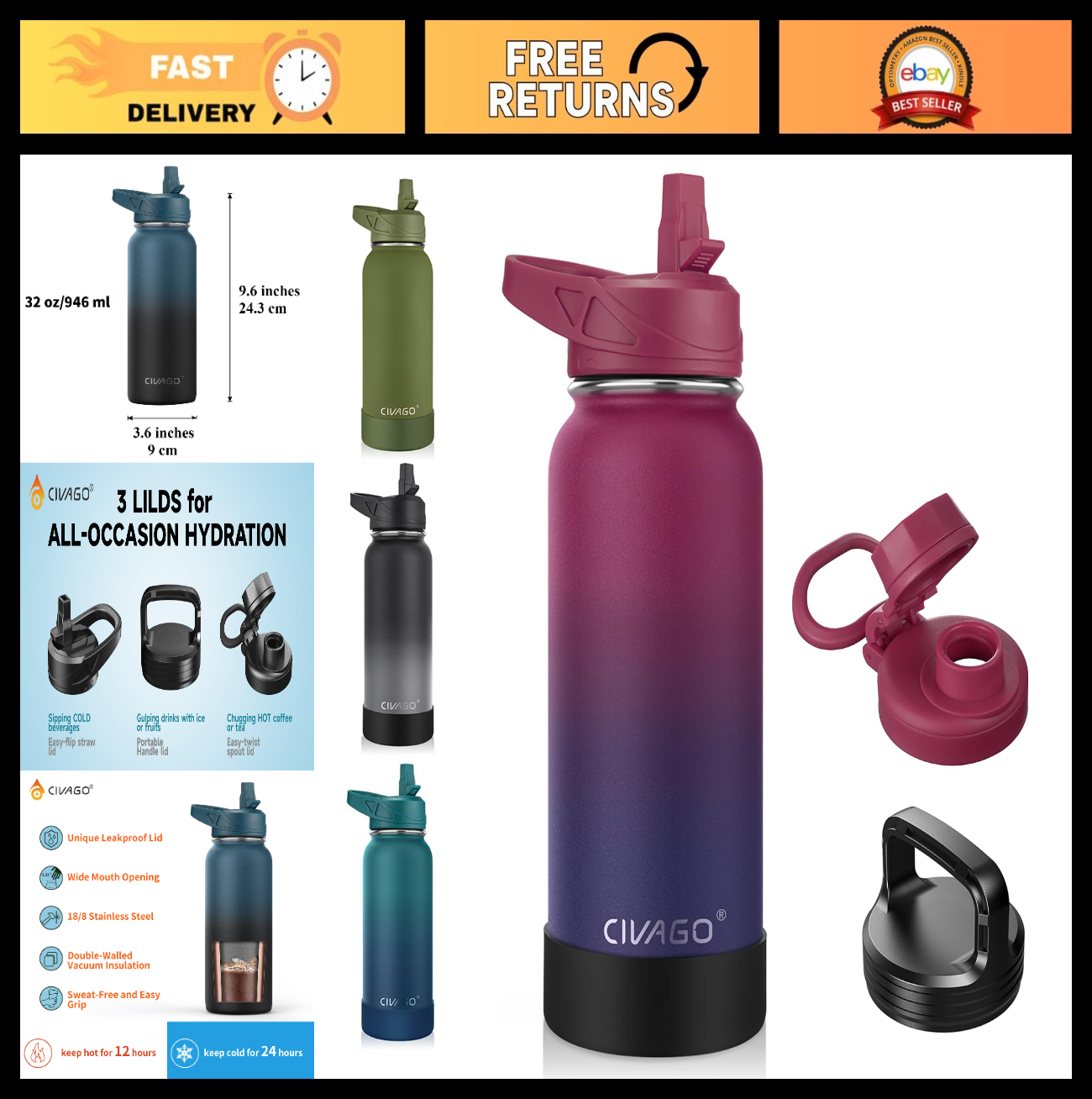 32 oz Insulated Stainless Steel Water Bottle with Straw & 3 Lids   Dark Rainbow0