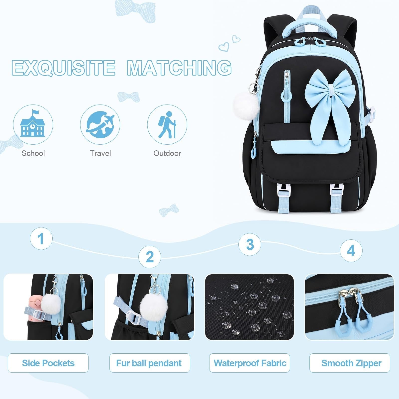Girls Bow Backpack Set   3PCS with Lunch Bag & Pencil Case   Cute School Bag4