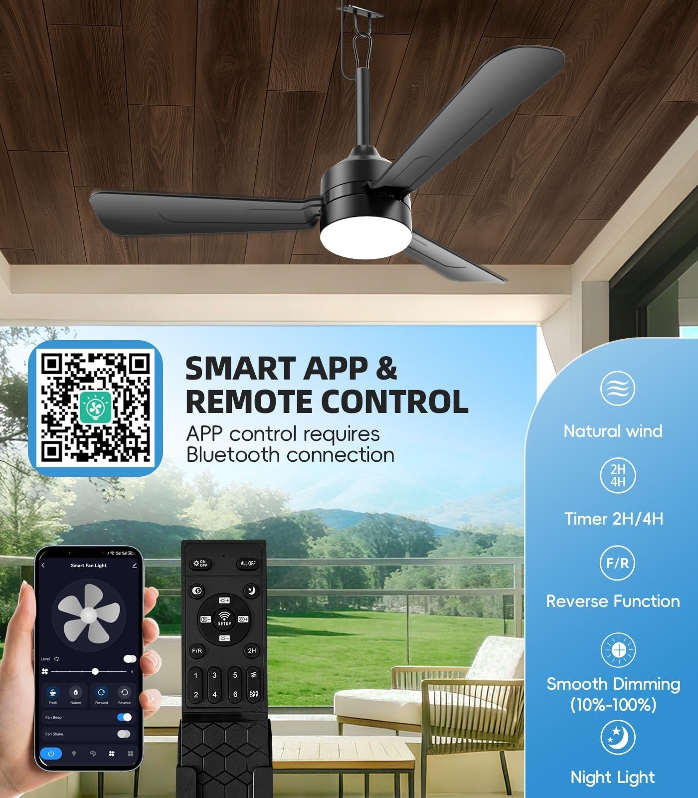 36" Plug in Ceiling Fan Light with Remote, Dimmable 3CCT LED, Reversible, Portab5