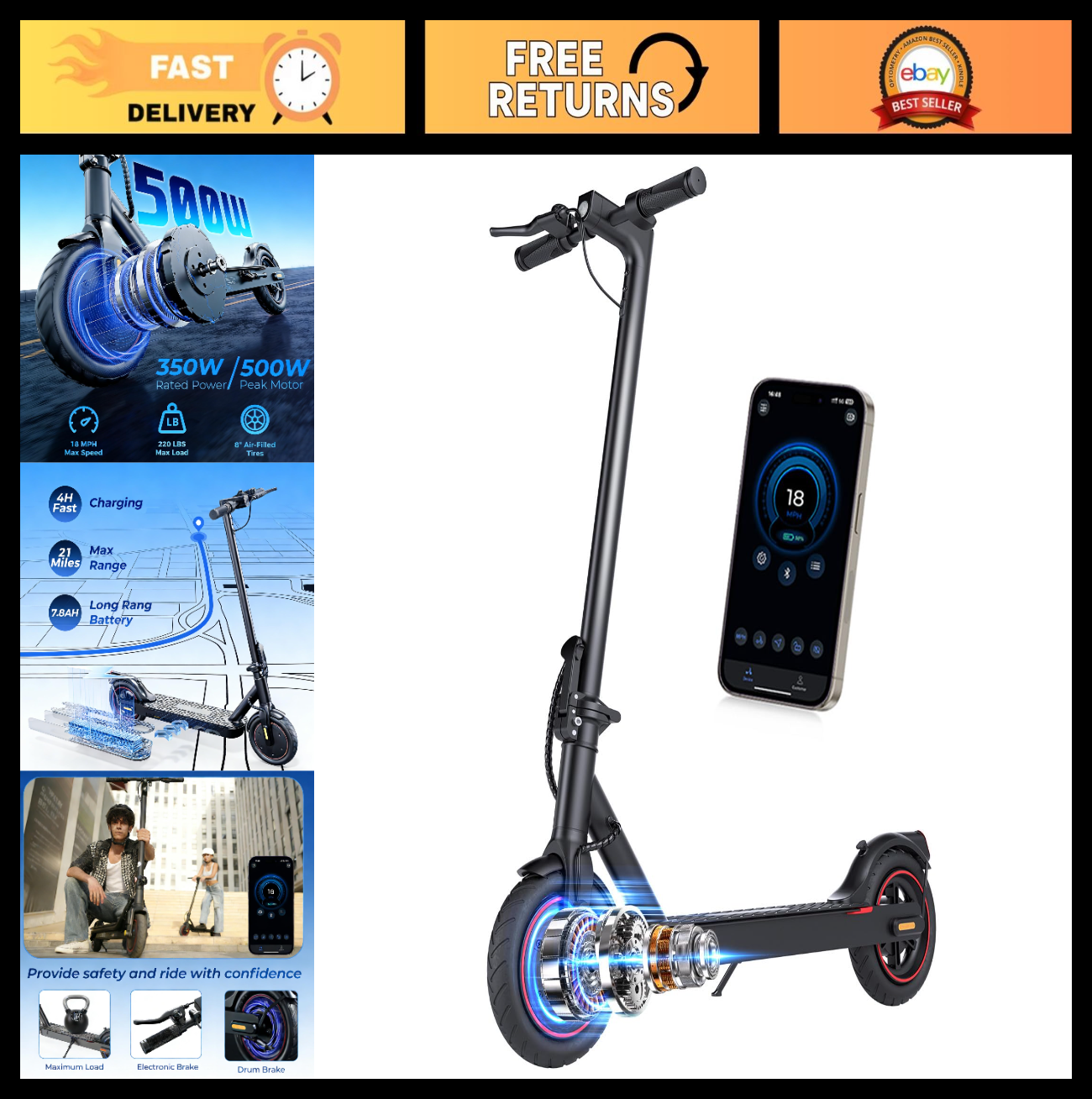 High-Power Electric Scooter for Adults - 1200W/1000W/500W, 10''/8.5'' Tires, APP0